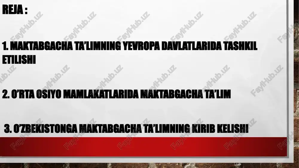 rdamlashish uchun tashkil qilingan: onalar bilan bolalar birga kelishi, ular bilan o‘ynashi va bog’bon qizlardan o’rganishi mumkin bo‘lgan. frebel uslubiyotining asosini bolalarga bo‘lgan cheksiz mehr tashkil qiladi. ushbu uslubiyotning asosiy jihatlarini sanab o'taylik: o‘yin, nutqni rivojlantirish, jamoaviy tarbiya, mehr-muhabbat bilan o‘rab olish, jazolaming yo‘qligi va tarixda qolib ketgan «frebel tuhfalari». bolalar tarbiyasiga katta e’tibor qaratar ekan, frebel o'yinlarni o‘z uslubiyotining asosi deb bilgan, bular: ijodiy, harakatli, fantaziyali, taqlidli va h.z. o‘yinlar. shuni ta'kidlash kerakki, aynan frebel didaktik o‘yinlar tizimini yaratishga asos solgan. u didaktik o‘yinlar va turli tuman mashg’ulotlarni o‘tkazish bo‘yicha uslubiy ko‘rsatmalami ishlab chiqqan. olim olib borgan ishlar unda shunday e’tiqodni shakllantirdiki, «bolalar o‘yini - bu turmush ko‘zgusi va ichki olamning erkin namoyishi»dir. f. frebel jamoaviy tarbiyani insoniyat asosi, deb bilgan. shu sababli u bolani majburiy tartibda jamoaviy faoliyatga jalb qilish, ya’ni uning bolalar bog’chasiga qatnashi zarur, deb hisoblagan. u bolaning tanasini rivojlantirish zamirida, tashqi hissiyot sezgilarini mashq qildirish, …