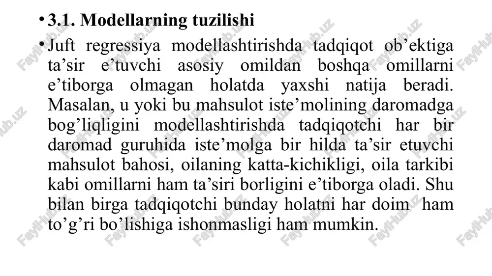 ’rganishda qo’llaniladi. hozirgi sharoitda ko’p omilli regressiya-ekonometrikada eng ko’p qo’llaniladigan usullardan biri hisoblanadi. ko’p omilli regressiyaning asosiy maqsadi omillarning har birini modellashtiriluvchi ko’rsatkichga alohida hamda ularning umumiy birgalikdagi ta’sirlarini o’rganib ko’p o’lchovli modellarni qurishdan iborat. 3.3. regressiya tenglamasining shaklini tanlash ko’p omilli regressiya tenglamalarini tuzish modellarni shakllantirish masalarini echishdan boshlanadi. ular o’z ichiga ikki masalani oladi; -birinchisi omillarni saralash bo’lsa, ikkinchisi regressiya tenglamasi ko’rinishini tanlashdan iborat. ko’p omilli regressiya tenglamasiga u yoki bu omillar to’plamini kiritish avvalo tadqiqotchining modellashtiruvchi ko’rsatkichni boshqa iqtisodiy jarayonlar bilan o’zaro bog’lanish tabiati haqidagi tasavvuriga bog’liq. ko’p omilli regressiyaga kiritiluvchiga omillar quydagi talablarga javob berishi kerak: 1 ular miqdoriy jihatdan o’lchalanadigan bo’lishi kerak. agar modelga miqdoriy jihatdan o’lchash imkoniyati bo’lmagan sifat ko’rsatkichlari kiritiladigan bo’lsa, ularni miqdor jihatdan aniqlashtirish zarur (masalan, hosildorlik modelida tuproqning sifati bal ko’rinishida, ko’chmas mulk ob’ektlari qiymati ranjirlangan rayonlarda joylashishiga qarab va h.k.). 2 omillar o’zaro yuqori darajali korrelyatsiyada bo’lishi kerak emas va …