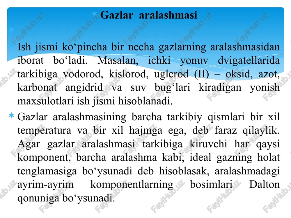 g massasiga teng bo‘ladi: m1+m2+….+mn=m (3.3) bu tenglik gazlar aralashmasi massaviy tarkibining tenglamasi deyiladi. (3.2) va (3.3) tenglamalardan ko‘rinib turibdiki, gazlar aralashmasidagi ayrim komponentlar massaviy ulushlarining yig‘indisi 1 ga teng. q1+q2+….qn=1 (3.4) agar n komponentdan tarkib topgan aralashmaning hajmi v bo‘lsa, u holda aralashmadagi komponentlarning hajmiy ulushlari quyidagi tenglamalar bilan aniqlanadi: bu yerda: v1, v2….vn – aralashma tarkibiga kiruvchi komponentlarning partsial hajmlari. aralashma tarkibiga kiruvchi komponentning shu aralashmaning temperaturasidagi va bosimidagi hajmi uning partsial hajmi deyiladi. aralashma hajmiy tarkibining tenglamasi quyidagi ko‘rinishda bo‘ladi. v1+v2+v3+…..vn=v (3.6) gazlar aralashmasidagi komponentlar hajmiy ulushlarining yig‘indisi birga teng: r1+r2+r3+….+rn=1 (3.7) bazi hollarda aralashma tarkibini mol ulushlari vositasida aniqlash qulay bo‘ladi. komponentning aralashmadagi mol ulushi deb, ko‘rib chiqilayotgan komponentning mollari miqdorining aralashma mollarining miqdoriga bo‘lgan nisbatiga aytiladi. aralashma birinchi komponentning n1 mollaridan, ikkinchi komponentning n2 mollaridan va hokazolardan tarkib topgan bo‘lsin. aralashma mollarining soni n=n1+n2+….+nn (3.8) va komponentlarning mol ulushlari quyidagi ifoda bilan aniqlanadi: x1=n1/n; x2=n2/n;….xn=nn/n, …