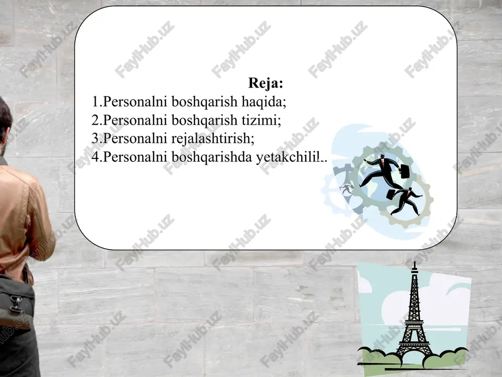 lari tahlil etish. agar ma’muriy-buyruqbozlik tizimi davrida bu vazifalar ikkinchi darajali masala sifatida ko’rib chiqilgan bo’lsa, bozor munosabatlariga o’tishda esa, ular birinchi o’ringa chiqib oldi. tashkilotni rivojlantirish strategiyasiga ko’ra bugungi kunda har bir tashkilot bu vazifalarni hal qilishdan manfaatdor. (tizimli boshqaruv ya’ni programma orqali…) 2.personalni boshqarish tizimi personalni boshqarish tamoyillari va uslublari tamoyil (prinsip) — qaror qabul qilishda hisobga olinishi yoki amal qilinishi zarur bo’lgan ilmiy asos, qoida hisoblanadi. personalga rahbarlik boshqaruv funktsiyasi sifatida boshqa barcha funktsiyalarni yagona birlikka birlashtirishi, muvofiqlashtirishi, o’zaro bog’lashi, integratsiya qilishi kerak. bunga personal bilan ishlash tamoyillarini amalga oshirish orqali erishiladi. egiluvchanlik — ishlab chiqarishda va personal tarkibida ro’y berayotgan o’zgarishlarga muvofiq qisqa muddatda tizim tuzilmasini qayta tashkil etish imkoniyati. markazlashtirish — korxona bo’linmalari va xizmatlaridagi xodimlar funktsiyalarini oqilona markazlashtirish, tezkor boshqarish funktsiyalarini quyi bo’g’inlar ixtiyoriga berish. boshqaruv me’yorlari — har bir bo’g’in rahbariga bo’ysunuvchi xodimlar miqdorining oqilona bo’lishi. amaliyotda korxona yuqori bo’g’ini rahbarlariga bo’ysunuvchi xodimlar …