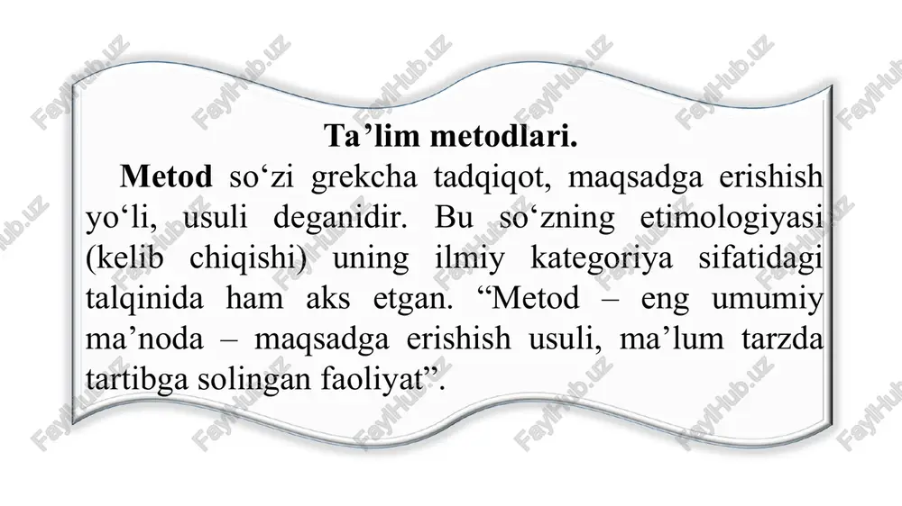 i o‘rganish metodlari axboriy-ma’lumotli ijro etish (bajarish) tushuntirishli reproduktiv ko‘rgazmali-amaliy ijodiy-amaliy tushuntirishli-undovchi qisman izlanishli undovchi izlanishli ta’limning binar metodlari yaxlit yondashuvga ko‘ra ta’lim metodlari tasnifi o‘quv-bilish faoliyatini tashkil etish va amalga oshirish metodlari. o‘quv-bilish faoliyatini motivatsiyalash va rag‘batlantirish metodlari. o‘quv-bilish faoliyatini nazorat va o‘z-o‘zini nazorat qilish metodlari. o‘rganilayotganlarini o‘zlashtirishga da’vat qilish metodlari yangi materialni anglash metodlari o‘rganilganlarini fikrlashga imkon beruvchi metodlar erkin yozish. klaster. aqliy hujum. b-b-b chizmasi. chalkashtirilgan mantiqiy zanjirlar ketma-ketligi. semantik xususiyatlar tahlili. semantik xususiyatlar tahlili. b-b-b chizmasi. o‘qitish bo‘yicha qo‘llanma. bir-biriga o‘rgatish. bir-biridan so‘rash. ikki qismli kundaliklar. eng asosiy tushunchalar eng asosiy tushunchalar, takrorlash. t-chizma. konseptual jadval. venn diagrammasi. nilufar guli. besh minutlik esse. o‘n minutlik esse. ta’lim metodlarini tanlab olish shartlari 1. ta’limning umumiy maqsadlari. 2. fanning va o‘rganilayotgan mavzuning mazmuni hamda o‘ziga xosliklari. 3. biror fanni o‘qitish metodikasining o‘ziga xosliklari. 4. materialni o‘rganishga ajratilgan vaqt. 5. o‘quv mashg‘ulotining maqsadi, vazifalari va mazmuni. 6. o‘quvchilarning yoshi …