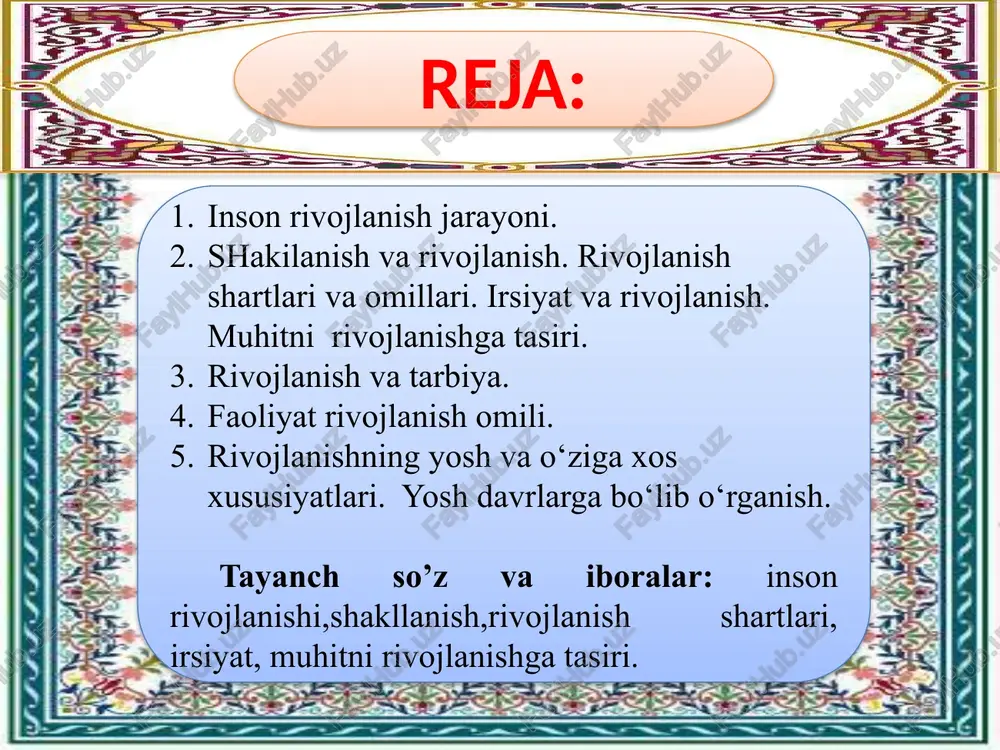 agi xatti-harakati muhimligini esdan chiqarmaslik zarur. odamning ijtimoiy mavjudot sifatida shaxsga aylanishi uchun ijtimoiy hayot sharoitlari va maqsadga qaratilgan tarbiya kerak bo’ladi. ana shular ta’siri ostida odam inson sifatida rivojlanib boradi va shaxsga aylanadi. rivojlanish biologik morfologik bioxikmik fiziologik ijtimoiy ruhiy ma’naviy intelektual shaxs rivojlanishining muhim xusussiyatlari shaxsning rivojlanishi individning fiziologik, ruhiy va intellektual o‘sishini ta’minlovchi faoliyat, xatti-harakatlarning miqdor va sifat jihatdan o‘zgarishini ifodalovchi jarayon shaxsning rivojlanganlik darajasini belgilovchi holatlar:uning fiziologik, ruhiy va intellektual o‘sishini ta’minlovchi faoliyat va xatti-harakatlarining miqdor va sifat jihatdan o‘zgarishi insonning shaxs sifatida, rivojlanishida ijtimoiy hodisalarning ta’siri kuchli bo‘ladimi? yoki tabiiy omillar yetakchi o‘rin tutadimi? balki tarbiyaning ta’siri yuqoridir? ular o‘rtasidagi o‘zaro munosabat qanday? 1. biologik yondashuv - inson tabiiy mavjudot bo‘lib, uning butun xatti-harakatlari tug‘ma instinkt va ehtiyojlar natijasidir. inson jamiyat talablariga bo‘ysunishga majbur, shu bilan birga tabiiy ehtiyojlarini ham namoyon qilib boradi. zamonaviy pedagogikada shaxs shakllanishiga doir to‘rt yondashuv qaror topgan. 2. ijtimoiy yondashuv …