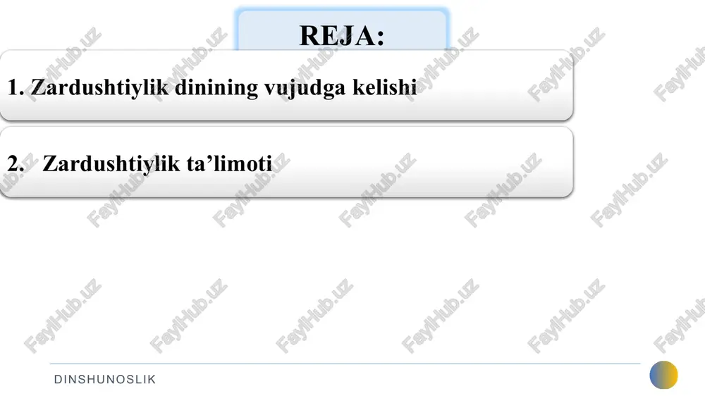 n qilib, ularda xizmat etuvchilarni o‘ldirgan vaqtda uni kuydirib yubordi. shuning uchun o‘sha vaqtda abistoning beshdan uchi yo‘qolib ketdi», deb aytgan so‘zlari yuqoridagi fikrni tasdiqlaydi. «avesto» dinshunoslik «avesto» - «videvdat», «yasna», «visparad» va «yasht» nomi bilan yuritiladigan bo‘limlarni o‘z ichiga oladi. 22 bobdan tashkil topgan «videvdat» - «avesto»ning saqlanib qolgan bo‘limlari orasida eng mukammali. «yasna» - diniy marosimlarda o‘qiladigan duolar bo‘lib, 72 bobdan tashkil topgan. zardushtning so‘zlari hisoblanadigan 17 fasl, 338 qit’a, 896 misra va 5560 so‘zdan iborat «gat»lari ham shu bo‘limdan joy olgan. «visparad» - 24 bobdan tashkil topgan bo‘lib, ma’budlar sha’niga o‘qiladigan duo va pand-nasihatlardan iborat. 22 bobdan tashkil topgan «yasht» esa ma’lum vazifalarini bajaruvchi ma’budlar sha’niga aytilgan madhiyalardan iborat. zardushtiylikning bosh g’oyasi har bir zardushtiy hayotini ezgu fikr - xumata, ezgu so‘z - xuxta, ezgu amal - xvartsha asosiga qurishi hamda yovuz fikr - dujvartshta, yovuz so‘z - dujuxta, yovuz amal - dujmatadan saqlanishi zarur. dinshunoslik zardushtiylik …