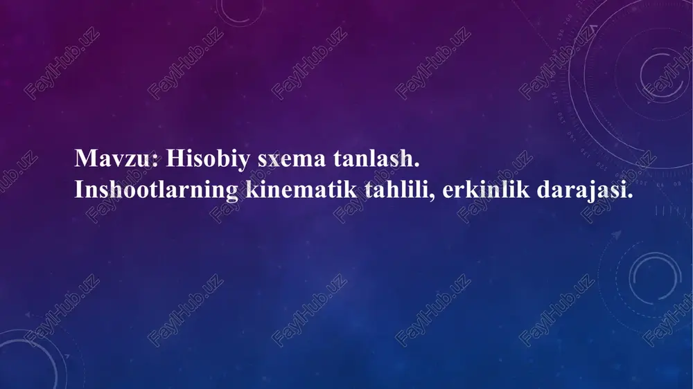 sa unga balka deyiladi. inshoot egri chiziqli sterjendan tashkil topgan bo’lsa, arka deyiladi inshootlarning dinamik hisobiy sxemalarini tanlash o’zbekistonda 60 yillardan boshlab, turar-joy, fuqaro va sanoat inshootlarida naturaviy izlanishlar olib borilmoqda. uning asosiy maqsadi inshootlarning haqiqiy ishlashiga baho berishdan iborat. natural sinash natijalariga asoslanib inshootlarning xisoblash sxemalari aniqlanadi va konstruktsiyalari takomillashtiriladi. o’zbekistonda inshootlarning keng kulamda ilmiy izlanishlar olib borilishi, akad. urezboev m.t.kobulov v.q. va prof. abdurashidev k. s. rahbarligida olib borilgan va olib borilmoqa. inshootlarning xisobiy xolatdari bilan, ularning xaqiqiy ishlash xolatlari orasida quyidagi farq bor. biz qurilish mexanikasi kursida inshootlarning xisoblash sxemasini o’rgangan-miz. inshootning hisobiy holati bilan haqiqiy ishlash holati orasidagi farqning sababini, inshootning qmq 2.01.03-96 bo’yicha hisoblash misolida ko’rib chiqamiz. hisoblash vaqtida, to’plangan yoki yoyilgan massali brus, hisoblash sxemasi deb qabul qilinadi (1–rasm). natural holatdagi sinashga va inshootning hususiyatlariga tegishli yangi olingan natijalarga asoslanib, hisoblash sxemalari va hisoblash modellari takomillashtiriladi. hisoblash natijalari bilan inshootning xaqiqiy ishlash holati orasidagi …