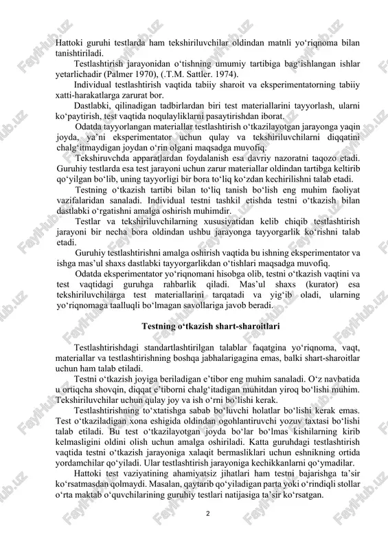g‘ri bog‘lanish hosil qilish mumkin. qachonki, test beligilangan maqsadga muvofiq tanlangan va qo‘llangan sharoitlarda. 2.testlashtirish jarayonining xususiyatlari testlashtirishning eng qulay qo‘llashning muqobili yo‘li go‘daklardan to klinik tadqiqotlar uchun qo‘l kelishini nazarda tutadi. buning uchun birinchi e’tibor beriladigan holat eksperimentatorni tayyorlashdan iborat. testlashtirish jarayonida ko‘rishga qiyinchilik tug‘diradigan vaziyatlarga duch kelinadi. buning uchun tasodifiy holatlarni ko‘ra olish va og‘oh bo‘lishda maxsus choralarga tayanish zarur. testlashtirish uchun qulay yagona tartibni ta’minlash lozim. testlashtirish jarayoniga tayyorgarlik ko‘rishning xilma xildir. ko‘pgina individual testlarda tekshiriluvchilarga yo‘riqnoma orqali ko‘rsatma beriladi. hattoki guruhi testlarda ham tekshiriluvchilar oldindan matnli yo‘riqnoma bilan tanishtiriladi. testlashtirish jarayonidan o‘tishning umumiy tartibiga bag‘ishlangan ishlar yetarlichadir (palmer 1970), (.t.m. sattler. 1974). individual testlashtirish vaqtida tabiiy sharoit va eksperimentatorning tabiiy xatti-harakatlarga zarurat bor. dastlabki, qilinadigan tadbirlardan biri test materiallarini tayyorlash, ularni ko‘paytirish, test vaqtida noqulayliklarni pasaytirishdan iborat. odatda tayyorlangan materiallar testlashtirish o‘tkazilayotgan jarayonga yaqin joyda, ya’ni eksperimentator uchun qulay va tekshiriluvchilarni diqqatini chalg‘itmaydigan joydan o‘rin olgani …