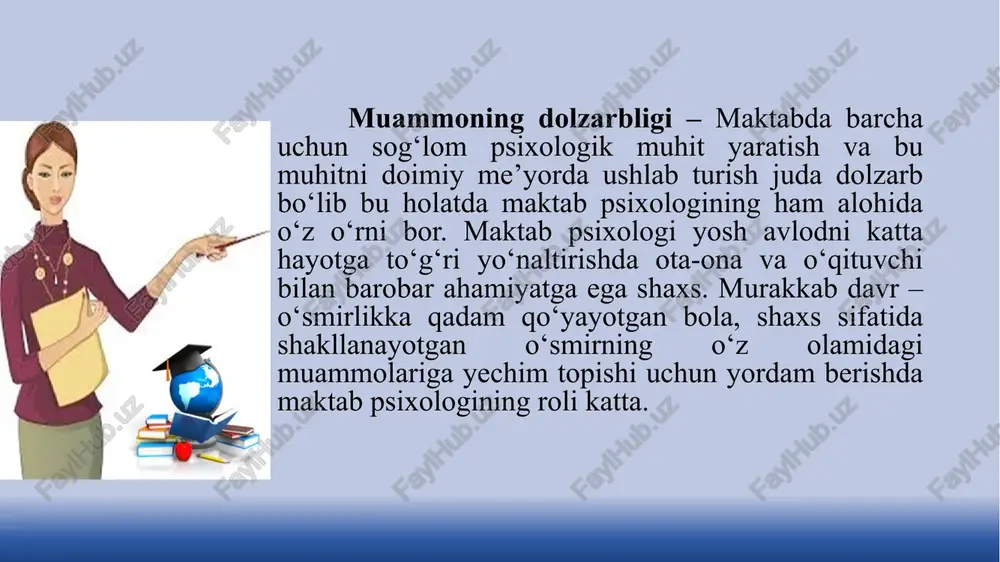 a bo‘ladigan psixologlarni maktabga olib kelish maktabda psixolog faoliyatini samarali yo‘lga qo‘yish, ko‘plab seminar-treninglar tashkil qilish hamda o‘tkazish maqsadida keng va yorug‘ xona ajratish xodimlar va o‘quvchi hamda ota-onalar psixolog xonasida o‘zlarini erkin, qulay his qilishlari uchun yetarlicha shart-sharoitlar yaratish psixologik xizmatlar tashkil etish o‘quvchilarning ota-onalari bilan hamkorlikda ishlash xodimlar va o‘quvchilarning streslari bilan ishlash psixologik xizmat yuzasidan xorijiy tajribalar psixologik xizmat aqshda 1800-yillardan boshlab rivojlana boshlagan. aqshning birinchi amaliyotchi psixologlari o‘z-o‘zini tarbiyalash muammosini o‘rgangan eksperimental psixologlar edilar. amerika maktablarida aqliy taraqqiyot koeffitsientini aniqlash keng tarqalib keyinchalik “gaydens”xizmatining rivojlanishiga olib keldi. gaydens-ingliz tilidan olingan bo‘lib, yo‘l-yo‘riq, yo‘l ko‘rsatuvchidan- yetakchi, rahbar ma’nolarini anglatadi. aqsh ta’lim muassasalaridagi psixologik-pedagogik maslahat xizmati bo‘lib, u har qanday qiyin hayotiy vaziyatlarda shaxslarga, shuningdek, atrofdagi dunyoni anglashda hamda olingan bilimlarni o‘qish, kasb tanlash va qobiliyatlarni rivojlantirishda qo‘llashda yordam beradi. 7 fransiya maktab psixologiyasining otasi alfred bine bo‘lib, u bu sohada 1894-yildan ish boshlagan. 1905-yilda fransiya ta’lim vazirligi …