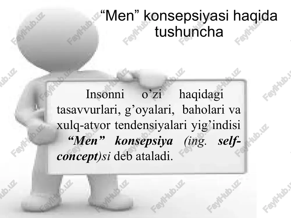urmatini qozonish, o'z mavqeini kuchaytirish yoki aksincha, o'z kamchiliklarini berkitishga harakat, yuqori baho berish va h.k. “men” konsepsiyasi odamni turli sohalarda muvaffaqiyatini va zaif tomonlarini belgilaydi va 3 ta rolni bajaradi birinchidan – shaxsning ichki o’zaro roziligiga erishishga turtki beradi; ikkinchidan – odamni tajribasini izohlaydi; uchinchidan – kutishni manbasi bo’ladi. “men” konsepsiyasining rivojlanishi u.jeymsning fikricha, shaxsning ijtimoiy «men»i ijt. psixologik naz./lar ko‘p o'rganilgan mavzudir. sots. charlz kulining «shaxs oynasi» tushunchasi, (shaxs atrofídagi odamlarning unga nisbatan berayotgan bahosi va fikriga aynan oynaga qaraganday qaraydi, degan fikri) j.g. mid va g.s. sallivanning “jamoaviy ustanovka” (shaxsning o'zini anglashi uning ijtimoiy munosabatlarining hosilasi bo'lib, bu jarayonda u o'ziga tashqi tomondan, go'yoki obyektga qaragandek qarashni o'rganadi) tushun. bixeviorist va freydistlarga ko’ra, insonning “men”i uning axloq va rivojlanishning asosiy omili sifatida umumiy ko’rib chiqishiga intilishgan. persona o‘rtasida muammolarni keltirib chiqaradi karl yungning ta’kidlashicha, shaxs psixikasi tuzilishida himoya qismi mavjud va u persona deb ataladi. shaxsning yolg’on …