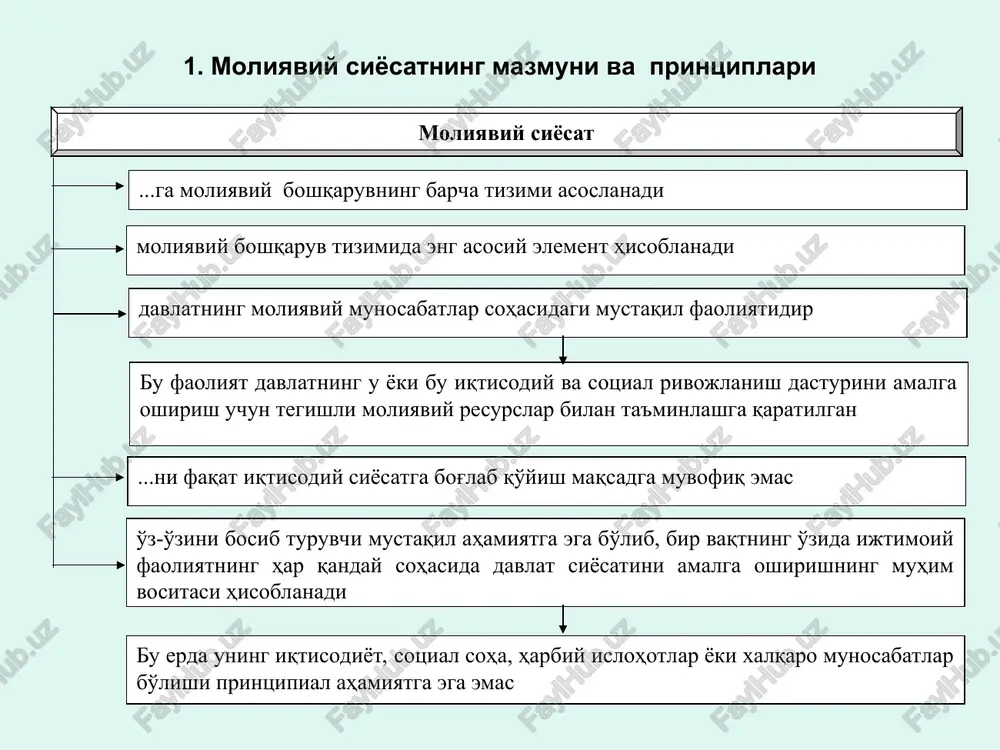 ...ga quyidagicha boshqa ta'rif ham berish mumkin moliyadan foydalanishning metodlari, uni tashkil qilishning amaliy shakllari va metodologik printsiplarining majmuiga (yig'indisiga) moliyaviy siyosat deyiladi ayrim hollarda davlatning o'z funktsiyalarini bajarishi uchun moliyaviy munosabatlardan foydalanish bilan bog'liq bo'lgan davlat organlarining ma'lum bir faoliyati sifatida talqin qilinadi bunday talqin o'zida bir necha xavfni mujassam etadi milliy xo'jalik taraqqiyotida davlatning roli to'g'risidagi jamiyatda hukmron bo'lgan tasavvurlarga muvofiq ravishda davlatning vazifalari va funktsiyalari ham o'zgaradi, transformatsiyalanadi. masalan, mamlakat iqtisodiyotiga davlatning aralashuvi, aholi turmush darajasi sotsialiqtisodiy sharoitlarini tenglashtirish va shunga o'xshash dav-latning funktsiyalari va vazifalarini aniqlaydigan boshqa bir qancha masalalar hamon munozaraligicha qolmoqda moliyaviy siyosatdan faqat davlatning funktsiyalarini bajarish vositasi (instrumenti) sifatida foydalanish davlat hokimiyat organlari, mahalliy o'z-o'zini boshqarish organlari bilan moliya tizimining boshqa sub'ektlari, ya'ni aynan mamlakatning aholisi va xo'jalik yurituvchi sub'ektlari manfaatlari o'rtasida qarama-qarshiliklarni keltirib chiqadi moliyaviy siyosatga oid uch mantiqiy xulosa birinchidang ikkinchidan uchinchidan moliyaviy siyosat faqat o'z manfaatlarini ko'zda tutadigan hokimiyat organlarining …