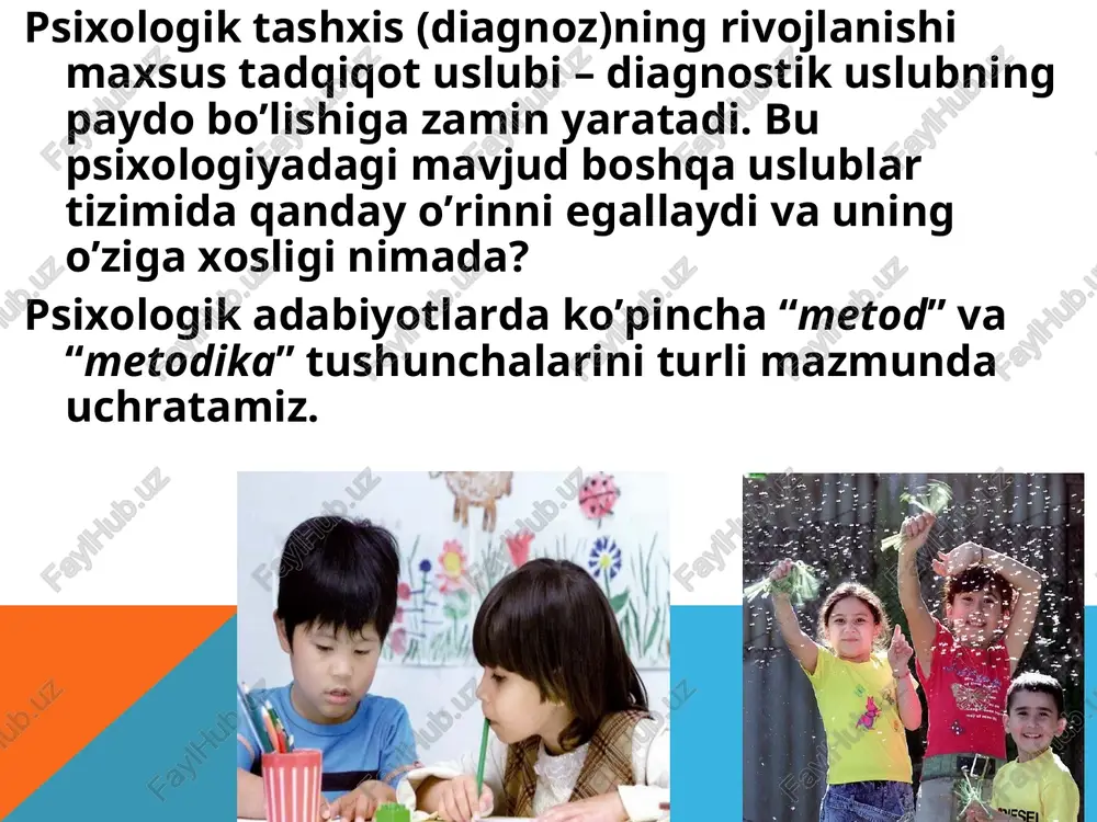 o’nalishlari psixodiagnostik metod uchta asosiy diagnostik yo’nalishda aniqlanadi. bu uch yo’nalish esa ko’pincha ma’lum metodikalardan foydalanadi xolos. shu bois, bu yo’nalishlar psixodiagnostikada shartli ravishda quyidagi: “ob’ektiv”, “sub’ektiv” va “proektiv” tarzida ifodalanadi. diagnostik mijozning ob’ektiv yo’nalishi an’anaviy ikki turga bo’linadi. bu shaxsiy xususiyat va intellekt testlaridan iborat metodikadir. birinchi yo’nalishshaxsning nointellektual xususiyatlarini o’lchashga yo’naltirilgan, bo’lsa, ikkinchisi uning intellektual rivojlanish darajasini aniqlashga xizmat qiladi . s.l. rubinshteyn o’z davrida insonning psixik xossalarini ikkita asosiy guruh xarakter va qobiliyat tashkil qilish to’g’risida mushohada yuritgan. birinchi xossa guruhning holatini to’g’rilash bilan bog’liq bo’lsa, ikkinchisi uni uyushtirish va ijrosini ta’minlab bergan. intellektual rivojlanishning diagnostik darajasi, uning ko’p sonli testlaridan iboratdir (umumiy qobiliyat testlari). shaxs xususiyatlarini aniqlovchi metodikani shartli ravishda “ta’sir qilish testlari” (“maqsadli shaxsiy testlar”) va “vaziyatli testlar”ga bo’lish mumkin. maqsadli shaxsiy testlar ko’proq tarqalgan bo’lib, ularga pertsevtiv testlarni kiritish mumkin (masalan, niqoblangan figuralarni topish testi). vaziyatli testlar tarkibidan esa, sinaluvchi hayotda sodir bo’ladigan o’xshash …