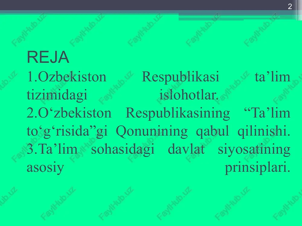 asosiy tushunchalar. 4-modda. ta’lim sohasidagi asosiy prinsiplar. 5-modda. ta’lim olish huquqi 2-bob. ta’lim tizimi, turlari va shakllari (6-22) 3-bob. ta’lim tizimini boshqarish(23-28) 4-bob. ta’lim faoliyatini tashkil etish va uning nazoratini amalga oshirish(29-43) 5-bob. ta’lim tashkilotlari pedagog xodimlarining huquqiy maqomi(44-46) 6-bob. ta’lim oluvchilarning, ular ota-onasining hamda boshqa qonuniy vakillarining huquq va majburiyatlari(47-51) * 7-bob. ta’lim-tarbiya jarayoni ishtirokchilarini ijtimoiy himoya qilish(52-56) 8-bob. nodavlat ta’lim tashkilotlari faoliyatini litsenziyalash, ta’lim tashkilotlarini attestatsiyadan va davlat akkreditatsiyasidan o‘tkazish. xorijiy davlatda olingan ta’lim to‘g‘risidagi hujjatni tan olish, ta’lim sohasidagi hujjatlarga apostil qo‘yish(57-61) 9-bob. ta’limni moliyalashtirish va davlat tomonidan qo‘llab-quvvatlash(62-66) 10-bob. ta’lim sohasidagi xalqaro hamkorlik(67-69) 11-bob. yakunlovchi qoidalar(70-75) * 2-bob. ta’lim tizimi, turlari va shakllari 6-modda. ta’lim tizimi. 7-modda. ta’lim turlari. 8-modda. maktabgacha ta’lim va tarbiya. 9-modda. umumiy o‘rta va o‘rta maxsus ta’lim. 10-modda. professional ta’lim. 11-modda. oliy ta’lim. 12-modda. oliy ta’limdan keyingi ta’lim. 13-modda. kadrlarni qayta tayyorlash va ularning malakasini oshirish. 14-modda. maktabdan tashqari ta’lim. 15-modda. ta’lim …