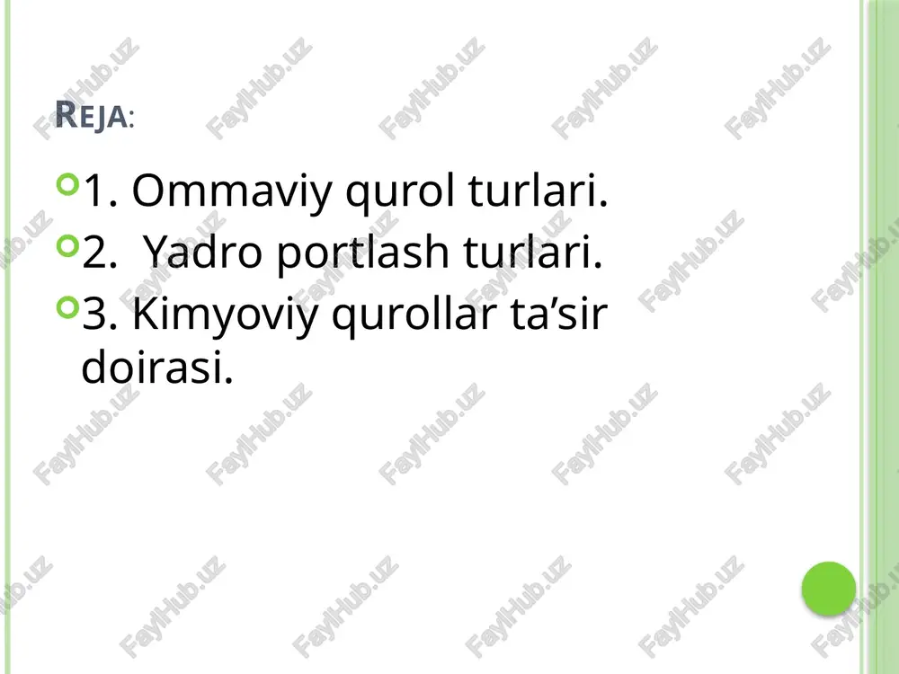 iqadigan ichki energiyadan foydalanishga asoslangan yadro bombasi, uni nishonga yetkazish vositasi (raketa, torpeda, samolyot, artilleriya toʻpi) va bombaning nishonga aniq borib tushishini taʼminlaydigan boshqarish qurilmalaridan iborat. uadro quroli yadro energiyasining olinish usuliga qarab, yadro va termoyadro (vodorod) qurollariga boʻlinadi. yadro oʻqdorilariga aviatsiya bombalari, artilleriya snaryadlari, raketalarning jangovor qismlari, dengiz torpedalari, suv osti bombalari va minalari (atom fugaslari) kiradi. yadro quroli zarb toʻlqini, yorugʻlik nurlanishi, singuvchi radiatsiya va radioaktiv zaharlash va boshqalar turli shikastlantiruvchi taʼsirlarga ega. yadro snaryadlarining quvvati trotil ekvivalenti bilan tonna, kilotonna (1 kt — 1000 t) yoki megatonna (1 mg — 1 mln. t) larda oʻlchanadi. yadro quroli quvvatiga qarab, kichik quvvatli (15 kt gacha); oʻrtacha quvvatli (15—100 kt), katta quvvatli (100—500 kt), juda katta quvvatli (500 kt dan yuqori) qurollarga boʻlinadi. yadro portlashlari turlari havo yo’llaridan (yuqori va past) yerdan (yerusti) yer tagidan (yerosti) v.h.q ,yana suv ustida va suv ostida amalga oshirilishi mumkin. havoda yadro portlashi …
