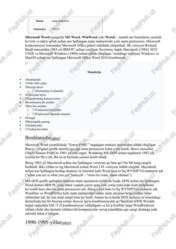 hlar · 7.2funksional tugmalar majmui · 8tanqid · 9shuningdek qarang · 10adabiyotlar · 11tashqi havolalar boshlanishi[tahrir] microsoft word yaratilishida “xerox parc” taqdqiqot markazi tomonidan ishlab chiqilgan bravo – original grafik interfeysga ega matn protsessori katta oʻrin tutadi. bravo asoschisi charlz simoni parcni 1981-yil tark etgan. wordning ms-dos uchun taqdimoti 1983-yil oxirida boʻlib oʻtdi. bu tovar bozorda yomon kutib olindi. biroq 1985-yil macintosh uchun moʻljallangan versiyasi qoʻlma-qoʻl boʻlib keng tarqala boshladi. ikki yildan soʻng macintosh uchun word 3.01 versiyasi ishlab chiqildi. macintosh uchun moʻljallangan boshqa dasturiy ta’minotlar kabi word ham toʻliq wysiwyg-muharrir edi (“what you see is what you get” tamoyili – “nima koʻrsam, shuni olaman”). ms-dos grafik qobiqdan mahrum matn operatsion tizimi boʻlsada, dos uchun moʻljallangan word dasturi ibm pc ning tahrir vaqtida yarim qora yoki yotiq matn kabi matn belgilarini koʻrsatib bera oluvchi matn protsessori edi. biroq u hali ham toʻliq wysiwyg-muharrir edi. wordstar va wordperfect kabi matn muharrirlari …