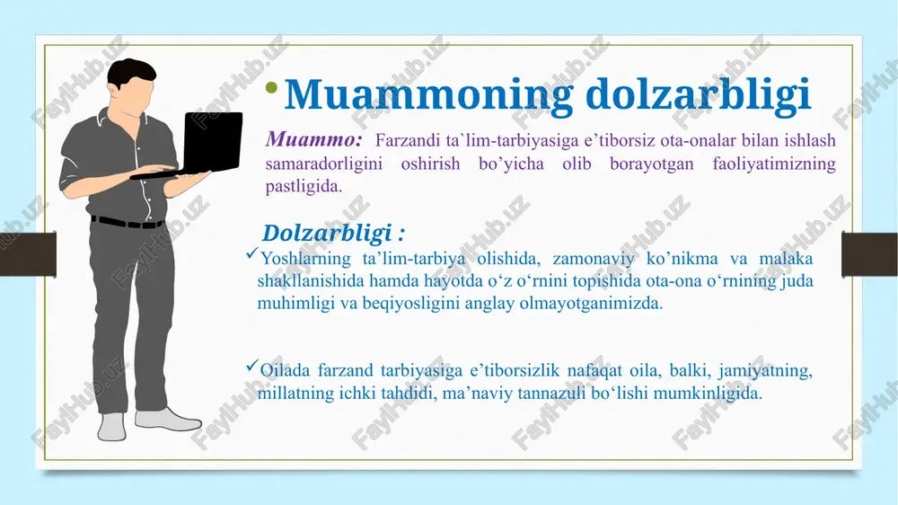 sulaymon –dotsenti omar altalib –professor 2023 yil. udk 297, bbk 86.38-6, o 80 “oilaning mahalla va ta’lim muassasalari bilan hamkorligini kuchaytirish istiqbollari” mavzusidagi maqola. norqulov xusniddin do‘sbekovich – pedagogika fanlari nomzodi, dotsent. 07.06.2022 yil “ota-onalik san’ati” ma’rifiy-ommabob nashr. marxabo mo‘minjon qizi, abdulaziz miravazov, zubayda zokir qizi. 2019 yil uo‘k:173.5 kbk: 88.5 m 29 farzand ta’lim-tarbiyasidagi e’tiborsizlik –oilaning, qolaversa butun bir jamiyatning ichki tahdidiga aylanishini his qilgan holda, inson, xalq, millat kelajagi uchun ayanchli oqibatlarning oldini olish bo‘yicha aholi orasida maqsadli va manzilli profilaktika tadbirlarni olib borishimiz shart. zero mana shu e’tiborsizlik ortidan hech bir insonning hayoti izdan chiqmasin. maqsad vazifa 1. tahliliy ma’lumotlar tayyorlash 2. tashkillashtirish va amalga oshirish 3. natija va qayta aloqa - muammoli o‘quvchilar ro‘yxatini shakllantirish. - ota-onalardan o‘zi to‘g‘risida va farzandi to‘g‘risida so‘rovnoma olish uchun blankalar tayyorlash. - rejalashtirish. - ota-onalar yig‘ilishlarini belgilash, ota-onalarni taklif etish, gaplashib olish, asosiy e’tiborni qayta va davomli aloqani ta’minlashga qaratish. …
