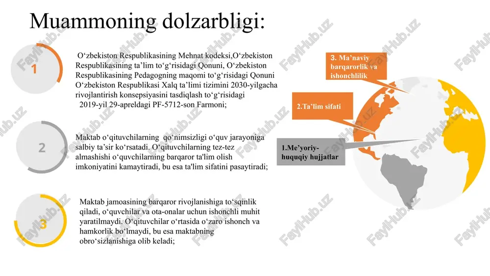 ida ilg‘or takliflarni ilgari surish ijodkorlik 02 maqsadga erishish yo‘lida birgalikda ishlash,bir-biriga xayrixohlik hamkorlik 03 fikrni ifodalash, tinglay olish va yozma savodxonlik muloqot qilish 04 4k ish muhitini yaxshilash va jamaoviy hamkorlik: - pedagoglar uchun qulay va xavfsiz ish sharoitlarini yaratish; - ishonchli va qo'llab-quvvatlovchi boshqaruvni ta'minlash; - o'qituvchilarni qaror qabul qilish jarayoniga jalb etish; - muvaffaqiyatli pedagoglarni mukofotlash va e'tirof etish. uzliksiz kasbiy rivojlanish imkoniyatlarini yaratish: - malaka oshirish kurslari va seminarlarni tashkil etish; - dars kuzatish jarayonini maktab an’anasiga aylantirish; - o'qituvchilarga ilmiy izlanishlari uchun imkoniyatlar yaratish. menejerning vazifalari: kadrlarni ishga qabul qilish va ijtimoiy qo'llab-quvvatlash: - yangi o‘qituvchilarni tanlov asosida ishga qabul qilish; - yangi pedagoglarga moslashish davrida yordam berish.(ustoz berkitish va ustoz shogird an’analarini davom qildirish); - bepul tibbiy ko‘rikni va ijtimoiy yordam dasturlarini taklif qilish. muammo yuzasidan aqsh , germaniya va xitoydagi holat o‘rganildi: 3 xitoy 1 aqsh 2 germaniya aqshning missuri shtatida “yarim tuzilgan …