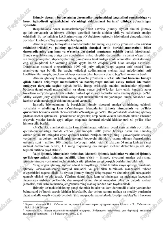 isodiy faoliyatda qatnashishi bilan bog‘liq bo‘lmaydi. ijtimoiy to‘lovlarning maqsadi jamiyatdagi munosabatlarni insonparvarlashtirish hamda ichki talabni ushlab turish hisoblanadi. aholi real daromadlari darajasiga inflyasiya sezilarli ta’sir ko‘rsatishi sababli daromadlarni davlat tomonidan tartibga solishning muhim vazifasi iste’mol tovarlari narxlarining o‘sishini hisobga olish va daromadlarni indeksatsiyalash, ya’ni nominal daromadlarni narxlar o‘sishiga bog‘liqlikda oshirib borish hisoblanadi. shaxsiy daromadni himoya qilishda ijtimoiy siyosatning muhim yo‘nalishi aholi kambag‘al qatlamini qo‘llab-quvvatlash hisoblanadi. amaliy hayotda qashshoqlikning o‘zi hayot kechirish minimumi yordamida aniqlanadi. bu ijtimoiy va fiziologik (jismoniy) minimumda ifodalanadi. ijtimoiy minimum jismoniy ehtiyojlarni qondirishning minimal me’yori bilan birga ijtimoiy talablarning minimal xarajatlarini ham o‘z ichiga oladi. fiziologik minimum esa faqat asosiy jismoniy ehtiyojlarni qondirishni ko‘zda tutadi. bozor iqtisodiyoti rivojlangan mamlakatlarda aholining ijtimoiy yordamiga muhtoj qismini aniqlashda turli xil mezonlar asos qilib olinadi. ular jumlasiga daromad darajasi, shaxsiy mol-mulki miqdori, oilaviy ahvoli va shu kabilar kiritiladi. ijtimoiy siyosat – bu davlatning daromadlar taqsimotidagi tengsizlikni yumshatishga va bozor iqtisodiyoti qatnashchilari …