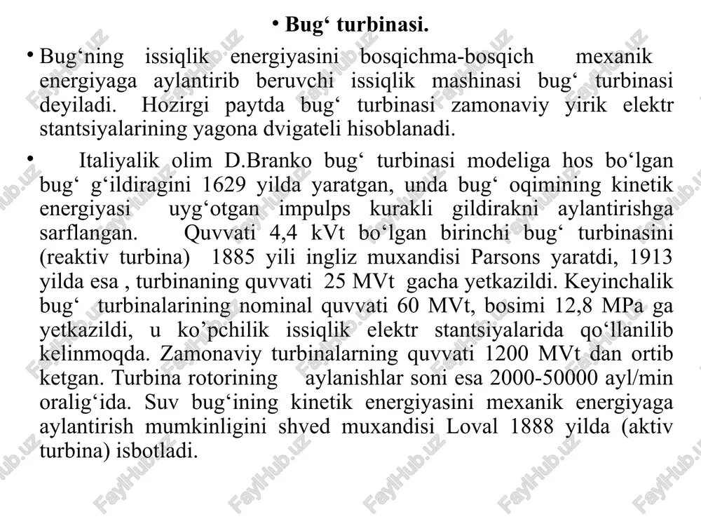 qurilmalarining nazariy sikli renkin sikli hisoblanadi (8.1-rasm). bunday siklni xix asrning 50 – yillarida shotlandiyalik muxandis va fizik u.renkin hamda r.klauziuslar qariyib bir vaqtda taklif etdilar; odatda bu siklni renkin sikli deb ataydilar. bug‘ qozoni 1ga issiqlik keltiriladi. qozondagi suv isiydi va to‘yingan nam bug‘ga aylanadi. bug‘ bug‘ qizdirgich 2 ga o‘tadi va yerda belgilangan temperaturagacha qiziydi. yuqori bosim va temperaturadagi qizdirilgan bug‘ turbina 3 ga yuboriladi, bu yerda u kengayib ish bajaradi. mexanik ish generator 4 ning valiga uzatiladi. ishlab bo‘lgan bug‘ esa turbinadan kondensator 5 ga o‘tib u yerda kondensatlanadi. so‘ngra kondensat nasosi 6 bilan ta’minlash nasosi 7 kondensatning bosimini berilgan qiymatgacha oshirib, keyingi sikl uchun qozonga uzatib beradi. 8.1-rasm. bug‘-kuch qurilmasining elementar sxemasi. renkin sikli to‘rtta – ikkita izobarik va ikkita adiabatik jarayondan tarkib topadi. 8.2 – rasmda renkin siklining pv, ts va hs diagrammalari tasvirlangan. bu diagrammalarda ordinatadagi 1 va 2 nuqtalar orasidagi masofa turbina bajargan …