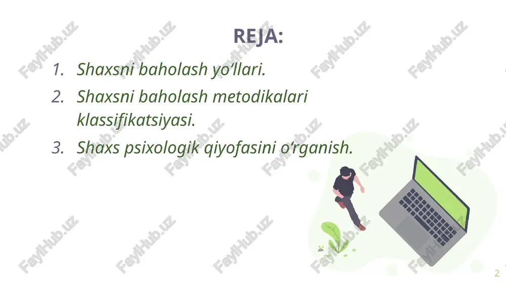 h (q) 8.mustaqillik (q2) 9.o‘zini nazorat qilish (q3) 10.qo‘zg‘aluvchanlik va zo‘riqish (q4) mmpi metodikasi va uning modifikatsiyalari metodika amerikadagi minnesota universiteti olimlari s.xatue va dj.makkinli tomonidan 1942-1949 yillarda harbiylarni psixologik saralash maqsadida ishlab chiqildi. klassik mmpi 556 savol-tasdiqlardan iborat 13 shkalali mmpi metodikasi shkalalari l- samimiylik f-haqqoniylik k-korreksiya ipoxondriya (hs) – (sog’liq). depressiya (d) – (angedoniya). isteriya (nu). psixopatiya (pd) – (egosentrichnost). paranoyallik (ra) – (maqsadga intiluvchan va tartibli) . psixasteniya (pt) – (o’z-o’zini sevish, nomukammallik kompleksi). shizoid (se) – (fantaziya). gipomaniya (ma) – (kayfiyat). sotsialintroversiya (kichik guruhlar) mmpi asosida shakllantirilgan metodikalar: kaliforniya so‘rovnomasi nevrotiklik va psixopatiya darajasini o‘rganish so‘rovnomasi postravmatik stressdagi buzilishlar missisipi shkalasi teylorning bezovtalikni namoyon bo‘lish shaxs shkalasi depressiya holati so‘rovnomasi individual-tipologik so‘rovnoma psixodiagnostik test katta beshlik so‘rovnomasi 1983-1985 yillarda amerikalik olimlar r.mak-kraye va p.kostalar tomonidan ishlab chiqildi. rus muhitida v.ye.oryol, rukavishnikov va i.g.seninlar tomonidan moslashtirilgan. 1999 yilda metodika yaponiyalik olim xiydjiro teuyiki tomonida tarjima qilingan va …