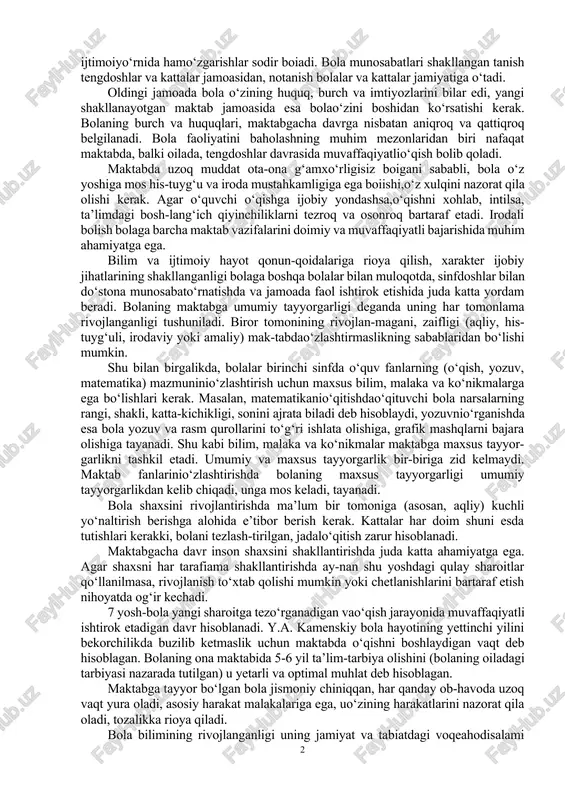 arni egallaydi. bola odamlar, jismlar va tevarak-atrofdagi hodisalar haqida ma’lum tasavvur bilan maktabga kelishi kerak. bolaning o‘quv materialni o‘zlashtirishi va ta’limning bola qobiliyatlariga mos kelishi uning aqliy faoliyatiga bog‘liq bo‘ladi. bolaning yaxshi o‘qishiga aqliy faoliyatining rivojlanish darajasi, idrok, tasavvur, xotira va tafakkur funksiyalari hamda aqliy faoliyat bilan shug‘ullanish odatlari ta’sir qiladi. bola tahlil qilishni, ya’ni narsalarni (predmetlarni) idrok etganda muhim bolmaganlarni ajrata bilish, kuzatayotgan hodisalarni umumlashtirish, guruhlash kabilarni o‘rganishi kerak. bola zehnli, ziyrak, topqir, mustaqil boiishi kerak. zavq, xursandchilik keltiradigan aqliy faoliyatiga nisbatan bolada qiziqish paydo boiadi. ta’limning muvaffaqiyatli bo‘lishi ko‘p jihatdan bola nutqining rviojlanish darajasiga, uning lug‘at boyligiga, mustaqil, aniq, ifodali va grammatik jihatdan to‘g‘ri gapira olishiga bog‘liq boladi. bolada maktabga borish bilan nafaqat hayot tartibi va asosiy faoliyatida, balki ijtimoiyo‘rnida hamo‘zgarishlar sodir boiadi. bola munosabatlari shakllangan tanish tengdoshlar va kattalar jamoasidan, notanish bolalar va kattalar jamiyatiga o‘tadi. oldingi jamoada bola o‘zining huquq, burch va imtiyozlarini bilar edi, yangi …
