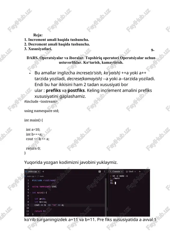 a 1-topshiriq: increment amalidan foydalanib 1 ta misol tuzish. 2-topshiriq: decrement amali haqida tushuncha to’plash. image3.png image1.jpeg image2.png