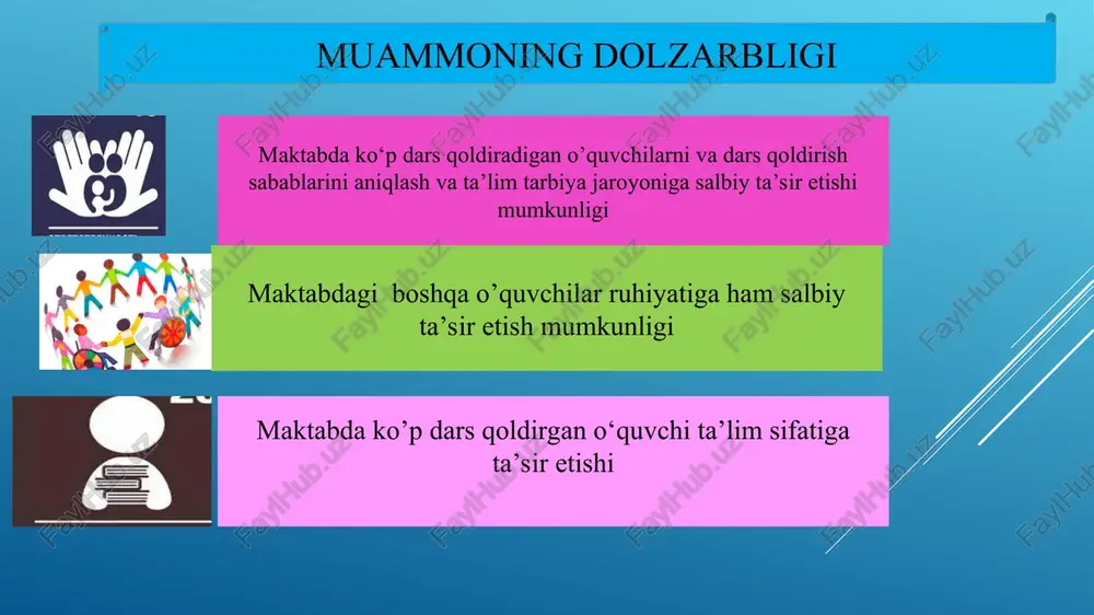 shlash rejasini tuzish. maktab-ota-ona va mahalla yettiligi hamkorligida ko‘p dars qoldiruvchi o‘quvchini talim-tarbiya jarayoniga qaytarish. o‘quvchi bilan doimiy individual faoliyatni yo‘lga qo‘yish maktabda mavjud to‘garaklarga jalb etish va qiziqishlarini aniqlab borish. maktab rahbariyati va mahalla yoshlar yetakchisi ota-onalarga farzandlarini bo’sh vaqtlarini mazmunli o’tkazish uchun farzandlarini to’garaklarga jalb etish to’g’risida tushuncha berish. vazifa kanadada ham farzandlari maktabga bormagan ota-onalarga nisbatan jarima jazosi mavjud. xususan, jazo tariqasida ota-onalar majburiy tarbiyalash kurslari va oilaviy maslahat kurslariga jalb qilinishlari mumkin. buyuk britaniyada 1996 yilda qabul qilingan “ta’lim to‘g‘risidagi” qonunga binoan agar bolalar sababsiz maktabga kelmagan bo‘lsa, ota-ona huquqbuzarlikda aybdor, deb topiladi va darsga muntazam qatnashmaslik holati bo‘yicha jarimaga (ming funt sterling) tortiladi. bundan tashqari, ota-onalar tomonidan bu kabi huquqbuzarlik yana qayta sodir qilinsa, 2500 funt sterlinggacha jarima yoki 3 oygacha qamoq jazosi qo‘llanilishi belgilangan. ta’lim tizimi bilan dunyoga o‘rnak bo‘layotgan singapur davlatida esa ota-onalar o‘z farzandlarining maktabga borishiga e’tiborsizlik qiladigan bo‘lsa, ular farzandlari bilan …