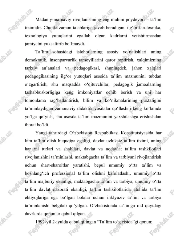 a’minlaydigan zamonaviy didaktik vositalar qo‘llashni keng ko‘lamda yo‘lga qo‘yish, shu asosda ta’lim mazmunini yaxshilashga erishishdan iborat bo’ldi. yangi tahrirdagi o‘zbekiston resrublikasi konstitutsiyasida har kim ta’lim olish huquqiga egaligi, davlat uzluksiz ta’lim tizimi, uning har xil turlari va shakllari, davlat va nodavlat ta’lim tashkilotlari rivojlanishini ta’minlashi, maktabgacha ta’lim va tarbiyani rivojlantirish uchun shart-sharoitlar yaratishi, bepul umumiy o‘rta ta’lim va boshlang‘ich professional ta’lim olishni kafolatlashi, umumiy o‘rta ta’lim majburiy ekanligi, maktabgacha ta’lim va tarbiya, umumiy o‘rta ta’lim davlat nazorati ekanligi, ta’lim tashkilotlarida alohida ta’lim ehtiyojlariga ega bo‘lgan bolalar uchun inklyuziv ta’lim va tarbiya ta’minlanishi belgilab qo’yilgan. o‘zbekistonda ta’limga oid quyidagi davrlarda qonunlar qabul qilgan. 1992-yil 2-iyulda qabul qilingan “ta’lim to‘g‘risida”gi qonun; 1997-yil 29-avgustda qabul qilingan “ta’lim to‘g‘risida”gi qonun va “kadrlar tayyorlash milliy dasturi”; 2020-yil 23-sentabrda qabul qilingan “ta’lim to‘g‘risida”gi qonun. 1997-yil 29-avgustda qabul qilingan “kadrlar tayyorlash milliy dasturi” ush bosqishdagi islohotlarni oʻz ishiga olgan edi. i bosqish – 1997–2001-yillarda dasturni amalga oshirish …