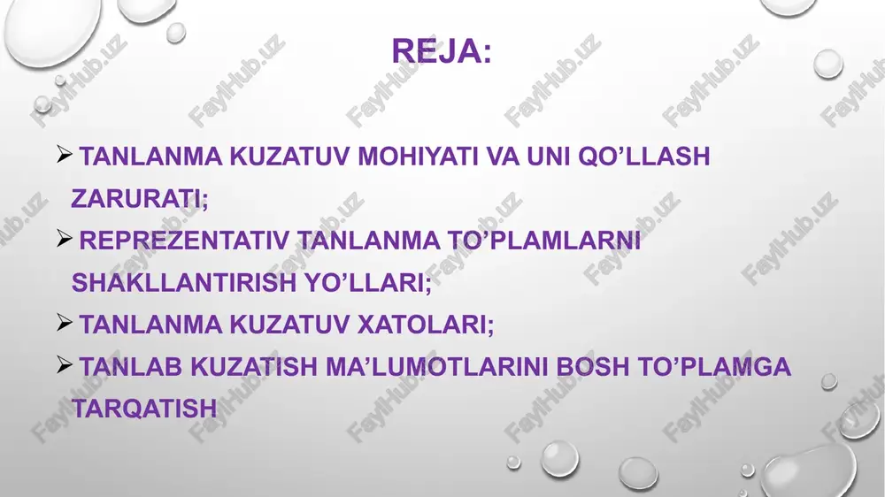 gi davomati – 96,0% “iqtisodiyot” fakultetidan tanlab olingan guruhlar bo'yicha aniqlangan davomat – 97,0% reprezentativlik xató turlari muntazam xatolar tasodifiy xatolar kuzatish usullari va asboblarining kamchiliklari bilan bog’liq bo’lmagan holda yo’l qo’yilgan xatolar tasodifiydir. katta sonlar qonuniga binoan tanlamaning miqdori oshgan sari tasodifiy xatolar kamayib boradi. muntazam xatolar: o’lchash asboblarining noaniqligidan, tanlash va kuzatish usullarining kamchiliklaridan ko’zlanmagan muntazam xatolar kelib chiqadi. kuzatish natijalarini o’zgartirib ko’rsatish maqsadida qilingan xatolar ko’zlangan muntazam xatolar deyiladi tanlamaning reprezentativligini ta'minlash usullari mexanik tanlash bosh to'plamdan birliklar qur'a yoki chek tashlash usuli bilan olinsa, bunday tanlash tasodifiy tanlash deyiladi. tasodifiy tanlash uyali (seriyali) tanlash tipik tanlash bosh to'plamdan birliklar ma'lum oraliq bo'yicha tanlab olinsa, bunday tanlash mexanik tanlash deb ataladi. tanlama to'plam bosh to'plamdan seriyalar (guruhlar)ni tanlash asosida hosil qilinsa, bunday tanlash uyali (seriyali) tanlash deyiladi. bir jinsli guruhlarga bo'lingan bosh to'plamdan birliklarni tanlash asosida tanlama to'plamni hosil qilish tipik tanlash deb ataladi. tasodifiy tanlash tartibi: …