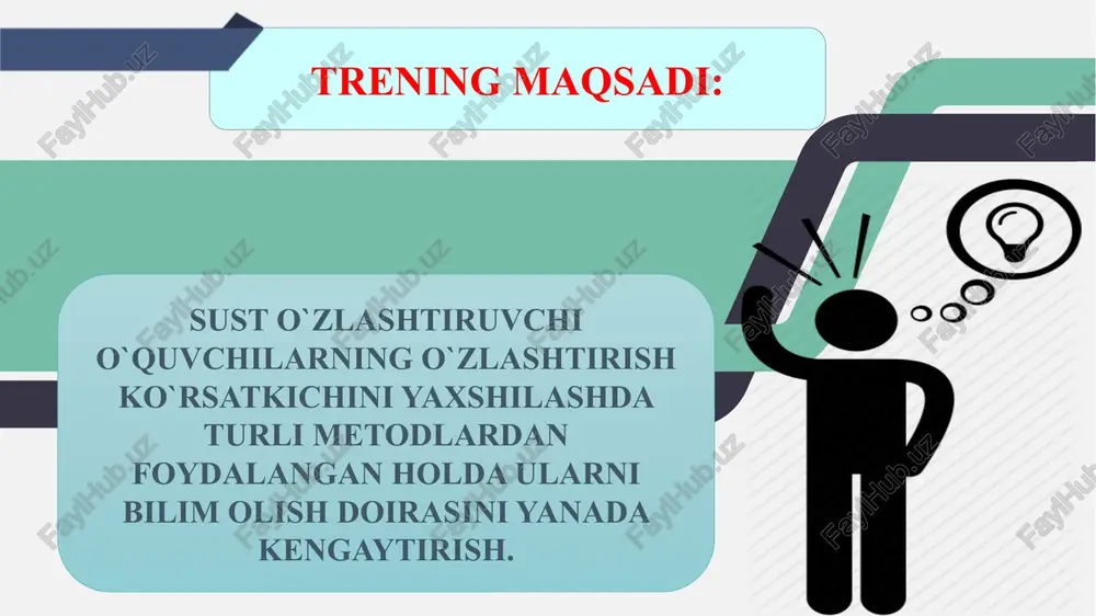 om by: .com © copyright presentationgo.com – the free powerpoint and google slides template library 5 zamonaviy bolalar o`qishga qiziqishni yo`qotmoqda.ota-onalar ehtimol oldinlari o`qimishli va intizomli bo`lishgandir lekin bugun nima o`zgardi? qattiq tartib va intizom yo`qoldi ,o`qishga bo`lgan qiziqishning yo`qligi yanada ravshan bo`ldi, bundan tashqari hayot tezlashdi.har bir bolaning rivojlanishga ehtiyoji bor va barcha bolalar qiziquvchan ammo kattalar ularning qiziqishlarini rag`batlantirishmaydi .aksariyat o`qituvchilar bolalarni o`qishga qiziqtirishni maqsad qilishmaydi . o`qish ayniqsa boshlang`ich sinflarda ijobiy his tuyg`ular bilan doimiy ravishda rag`batlantirishsiz bo`lmaydi. ularda g`alaba hissi muhimdir . bolalar qilayotkan ishlaridan zavqlanishi va nima uchun qilyotkanligini tushunib yetishi kerak. © presentationgo.com by: .com kuzatishlar asosida ayta olamizki, boshlang`ich ta’lim davrida o`quvchida o`yin faoliyatining o`rnini o`qish faoliyati egallaydi. o`qib o`rganish bolaning vazifasi, ijtimoiy burchi bo`lib qoladi. o`qish jarayonida u darsliklarini va o`quv qurollarini saranjom saqlash, o‘z vaqtida o`rnidan turish, maktabga belgilangan vaqtda borish, uyga berilgan vazifalarni bajarish yuzasidan ko`nikmalarni o`zlashtiradi. o`quvchi tobora mas’uliyatli …