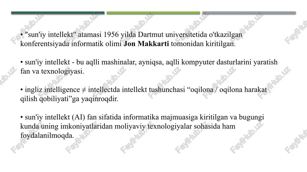 modellarini ishlab chiqish, ekspert tizimlarining yadrosini tashkil etuvchi bilimlar bazalarini yaratish bilan bog'liq. bilimlarni olish va tizimlashtirish uchun modellar va usullarni o'z ichiga oladi va bilim muhandisligi bilan birlashadi. 2. o'yinlar va ijodkorlik. o'yin intellektual vazifalarni o'z ichiga oladi - shaxmat, shashka. tabiiy til interfeyslarini va mashina tarjimasini ishlab chiqish. ispolzuetsya model analiza i sinteza yazikovix soobsheniy. 4. shaklni aniqlash. har bir ob'ektga xususiyatlar matritsasi beriladi, unga ko'ra uni tanib olish amalga oshiriladi. 5. yangi kompyuter arxitekturasi. simvolik va mantiqiy ma’lumotlarni qayta ishlashga qaratilgan yangi apparat yechimlari va arxitekturasini ishlab chiqish. prolog va lisp mashinalari, 5 va 6-avlod kompyuterlari yaratilmoqda. sun'iy intellektni rivojlantirish yo'nalishlari aqlli robotlar. maxsus dasturiy ta'minot. hisoblashdan tashqari muammolarni hal qilish uchun maxsus tillar ishlab chiqilmoqda (ma'lumotni ramziy qayta ishlash): lisp, prolog, smalltalk, refal va boshqalar. 8. trening va mustaqil o'rganish (self-study). ma'lumotlarni tahlil qilish va umumlashtirish asosida bilimlarni avtomatik to'plashga yo'naltirilgan modellar, usullar va algoritmlarni o'z …