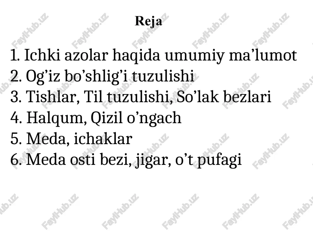 ingi orqa qismlari, hiqildoq, qiziolngach, meda. (tishlar, so’lak bezlari, qalqonsimon bez, ayrisimon bezlar) o’n ikki barmoq, och, yonbosh ichaklar (jigar, meda osti bezi) ko’r ichak, ko’tariluvchi chambar, ko’ndalang va pastga tushuvchi ichaklar tog’ri ichaklar taraqqiy etadi ovqat hazm qilish oqsillar-aminokislatalarga uglevodlar-monosaxaridlarga yog’lar-yog’ kislatalari-gilitsiringa suv va miniral tuzlar, vitaminlar qonga o’zgarmagan holda so’riladi 1 kecha kunduzda, 10 l suyuqlik. 1,5 l so’lak, 2,5 l meda shirasi, 1, l meda osti bezi shirasi, 1,2 l jigar o’ti, 2,5 ichak shiralari, 1,5-2 l suv (istemol qilinadigan suyuliklar) og’iz bo’shlig’i old tomoni yuqori pastgi lablar, yon tomoni lunjlar, orqa tomoni yuqori pastki jag’lar, ulardagi tishlar, lablar-tashqi tomoni teri, ichki tomoni shilliq parda asosi aylanma mimika muskullar. lunjlar-lablarning davomi b/b, chuqur qavatida yog’ qavatlari, shilliq qavatida mayda bezchalar joylashgan. berk turganda 2 yon tomonida tishlar, milklar b,n chegaralandi. yuqori devorini qattiq va yumshoq tanglay, hamda burn bo’shlig’ini og’iz bo’shlig’idan ajratib turadi, qattiq tanglay-yuqri jag’ning tanglay …