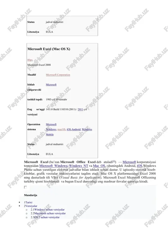 fiy so'zli himoyasi · 6excelning asosiy elementlari · 7excel ishchi menyusi bo'limlari · 8excelda diagrammalar · 9tanqid · 9.1sana bilan bog'liq muammolar · 9.2exceldagi tasvirlarning xatoligi · 10shuningdek qarang · 11manbalar · 12adabiyot · 13tashqi havolalar tarixi[tahrir] elektron jadvallar hayotning har xil sohasida uchraydigan, avvalambor hisoblash va iqtisodiy masalalarni echishda, jumladan, berilganlarni tez o'zgartirib turuvchi masalalarni tezkor ravishda qayta ishlab chiqishda, masalan, bank hujjatlari bilan ishlash kabi keng ko'lamli masalalarni yechishda qo'llaniladigan o'ta quvvatli vosita hisoblanadi. hisoblash elektron jadvalining dastlabki dasturi 1979-yili visicals (visiblencalculators - ko'rinib turuvchi kalkulyator) nomi bilan software arts firmasida chiqqan. bu dastur apple ii kompyuteri uchun ishlab chiqilgan va ko'p jihatdan uning bozorda ommabopligi aniqlandi. 1981 yil ibm ps kompyuteri paydo bo'lishi bilan bu tipdagi kompyuterlar uchun elektron jadvallar ishlab chiqila boshlandi. visicals va supercals dasturlarining yangi ko'rinishlari paydo bo'ldi, shu bilan birgalikda microsoft- multiplan firmasining birinchi amaliy dasturi paydo bo'ldi va u elektron jadvallar yangi …