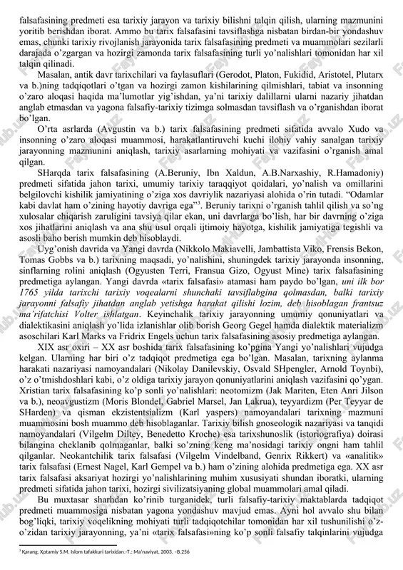 a ijtimoiy taraqqiyot maqsadlarini aniqlash orqali, tarixning murabbiylik rolini oshirish; - yaxlit insoniyat taraqqiyoti omillarini va manbalarini o’rganish, shu asosda jahon tarixiy taraqqiyot istiqbollarini belgilash; - tarix fani predmeti va metodologiyasini hozirgi zamon talablari asosida qayta ishlab chiqish hamda tarixni tadqiq yetishning turli yo’nalishlarini, jumladan, siyosiy tarix, iqtisodiy tarix, din tarixi, san’at tarixi, etnogenezis va boshqa yo’nalishlar bilan mushtarak holda kompleks tadqiqotlarni olib borish orqali, inson, insoniyat va uning tarix yaxlit mohiyatini ochib berish[footnoteref:1]. ana shu vazifalarni hal yetishda tarix falsafasi va tarix fanining hamkorligi muhim ahamiyat kasb etadi. uning fikricha, bir qarashda tarix falsafasi va tarix fani bir-biridan ayri yo’nalishdek ko’rinadi. zotan, real jarayonga, real voqelikka, insoniyat tarixida qaysidir hodisaga tarixchi tarix ko’zi bilan qarasa, faylasuf faylasuf ko’zi bilan qaraydi. aslida har ikki qarashlar zamirida inson taqdiri, tafakkur tarzi va manfaatlar ustuvorligi yotadiki, bu inson fenomeni va hayot falsafasining mantig’idir. [1: n. jo’rayev tarix falsafasining nazariy asoslari. -t.: ma’naviyat, …