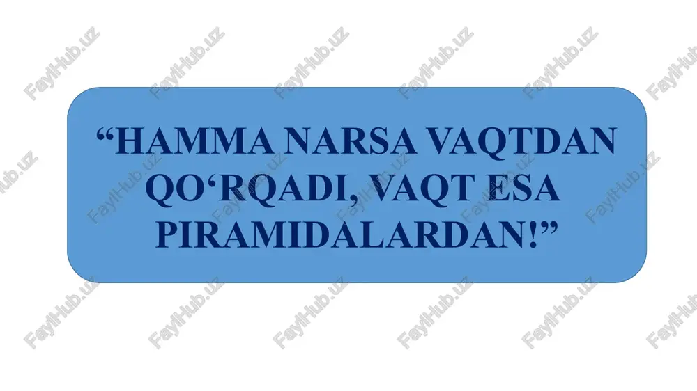 ltanatidagi hayot, misrliklar fikricha, osiris sudining natijalariga bog‘liq bo‘ladi. tarozining bir pallasiga marhumning yuragi, boshqasiga esa qush patlari qo‘yiladi. mabodo tarozi pallalari tenglashsa, demak, inson bu dunyodagi hayotida faqat ezgu ishlar qilgan bo‘ladi, u vafot etganidan keyin ajoyib bir sharoitda umrini davom ettiradi. mabodo yurak og‘irroq kelsa, demak, inson bir talay yomon ishlarni qilgan bo‘lib chiqadi, natijada badbashara maxluqlarga yemish bo‘ladi. mumiyolash osiris qarshisida go‘zal qiyofada qad rostlash uchun misrliklar inson jasadini mumiyolagan. mumiyolash bilan misr kohin-tabiblari shug‘ullangan. odatda mumiyolash qariyb 70 kun davom etgan. jasadga maxsus ishlov berilganidan keyin ko‘pdan ko‘p matolar bilan o‘rab-chirmashgan. matolar qati orasiga omad keltiruvchi tumorlar qo‘yilgan. mumiyolash faqat marhumning ortida qolgan boy-badavlat qarindoshlarigagina nasib etgan. e’tiboringiz uchun rahmat! image1.png image2.jpeg image3.png image4.png image5.png image6.png image7.jpeg image8.png image9.png image10.png image11.jpeg image12.jpeg image13.png /docprops/thumbnail.jpeg