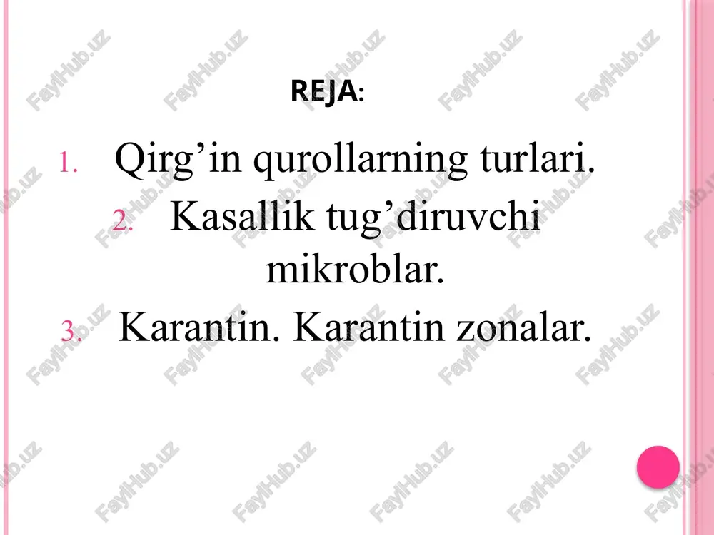 ozlik deyilib, bunday kasalliklar esa kontagiozkasalliklar deb ataladi. inson va hayvonlarni zaharlash uchun har xil yuqumli kasalliklar - vabo, gripp, tulyaremiya, natural chechak, o’lat, kuydirgi, epidemic tepkili tif, psittakoz, brutsellyoz, ku-isitma va boshqa kasalliklar tug’diruvchi mikroblardan foydalaniladi. hayvonlarni zaharlash uchun yashchur, qoramol vabosi, cho’chqa vabosi, kuydirgi, qo’y, echki chechagi, manqa, brutsellyoz va boshqa kasalliklar tug’diruvchilardan foydalanish mumkin. qishloq xo’jaligi o’simliklarni shikastlash uchun turli vositalar ishlab chiqilgan. bunday vositalar jumlasiga g’alla o’simliklari hamda kartoshka fito-ftorozasi va boshqa kasallik tug’diruvchilar kiradi. o’simlikalarni shikastlashda uchun hasharotlardan qishloq xo’jaligi o’simliklari, o’rmon va bog’lar zararkunandalaridan (zararli cherepashka, amerika oq kapalagi, tog’i ipak qurti, kolorado qo’ng’izi va boshqalar) shuningdek, ba’zi kimyoviy moddalar, masalan, gerbetsidlardan foydalanish ehtimoli ham yo’q emas. bakteriologik qurol ishlatish ehtimoliga yaqin bo’lgan obyektlar aholi yashaydigan yirik punktlar, ma’muriy va siyosiy markazlar, temir yo’l uzellari, dengiz va daryo portlari, ta’minot bazalari, oziq-ovqat omborlari va yem – xashak omborlari, suv bilan ta’minlash manbalari, yirik chorvachilik …