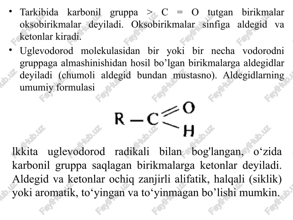 n katta elektrmanfiylikka ega bo‘lgani uchun elektron bulutlarni kuchli tortadi va uning atrofida elektron bulut zichligi ortadi. natijada uglerod atom ida zichlik kamayadi. kislorod qisman manfiy, uglerod esa qisman musbat zaryadlanadi: demak, aldegid va ketonlardagi uglerod bilan kislorod o‘rtasidagi bog’ kuchli qutblangan bo’lib, ular polyar moddalardir, ularning dipol momentlari 2,5 d orasida bo’ladi. aldegid va ketonlarda molekulalararo vodorod bog’lanish bo'lmaganligi sababli, ularning qaynash temperaturasi tegishli spirtlar va karbon kislotalarning qaynash temperaturasidan ancha past bo’ladi. aldegid va ketonlarning quyi vakillari suvda yaxshi eriydi va o‘ziga xos yoqimsiz hidga ega bo'ladi. kimyoviy xossalari. aldegid va ketonlarning reaksiyaga kirishish xususiyati kuchli bo‘lib, ular uchun birikish, o‘rin olish, kondensatlanish va oksidlanish reaksiyalari xosdir. birikish reaksiyalari. aldegid va ketonlar ni katalizatori ishtirokida vodorodni biriktirib olishi mumkin. bunda aldegidlardan birlamchi, ketonlardan ikkilamchi spirtlar hosil bo‘ladi: o‘rin olish reaksiyalari. quyidagi aldegid va ketonlarning karbonil gruppasidagi kislorodning ba'zi birikmalar bilan o'rin olish reaksiyalarini ko'rib chiqamiz: l. aldegid va …