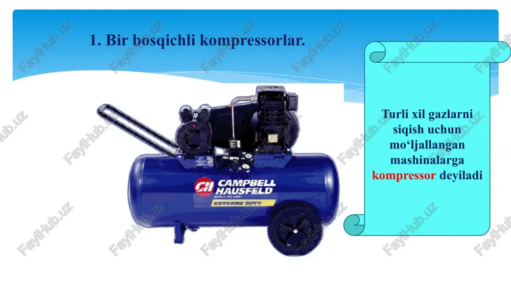 ; - gazning silindrga so‘rilishi va uni rezervuarga haydash o‘zgarmas bosimda amalga oshadi. kompressorning nazariy indikator diagrammasi 2-rasmda tasvirlangan. porshenning chapdan o‘ngga tomon harakatlanishida so‘rish klapani 3 ochiladi va gaz silindrga o‘zgarmas p1 bosimda so‘riladi. bu jarayon diagrammada 0-1 chiziq bilan tasvirlanib, so‘rish chizig‘i deb aytiladi. porshenning o‘ngdan chapga tomon teskari harakatida so‘rish klapani 3 bekilib gazni siqish jarayoni sodir bo‘ladi. zaruriy bosim hosil bo‘lganda gaz o‘zgarmas p2 bosimda xaydash klapani 4 orqali rezervuarga uzatiladi. 1-2 egri chiziq siqish jarayonini tasvirlaydi. 2-3 chiziqni haydash chizig‘i deyiladi. porshening bundan keyingi harakatida haydash klapani bekiladi hamda so‘rish klapani ochilib silindrdagi bosim p2 dan p1 ga tushadi va yana jarayonlar takrorlanadi. 1 kg siqilgan gazni olish uchun sarflangan ish (ishqalanishni e’tiborga olmasak), barcha jarayonlarni qaytar deb hisoblasak quyidagi formula orqali aniqlanadi: bu yerda p1v1 – tashqi muhitni gazni silindrga to‘ldirishdagi ishi; p2v2 – gazni haydashga sarflangan ish; - gazning siqish ishi. gazning kompressorda …