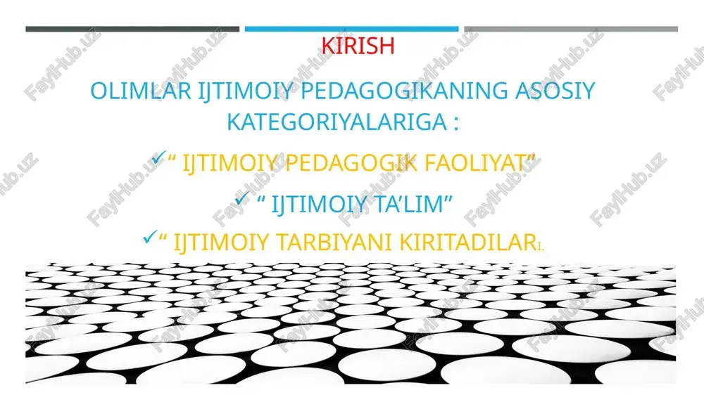 pedagogik foaliyat turlariga ajratish va maxsus metodika va texnologik yondoshishni talab qiladi; aqliy rivojlanishida nuqsoni bor bolalar bilan olib boriladigan ijtimoiy pedagogik faoliyat - pedagogik nuqsonlari bor bolalar bilan olib boriladigan ijtimoiy pedagogik faoliyat; - ota - ona tomonidan nazoratsiz qolgan bolalar bilan olib boriladigan ijtimoiy pedagogik faoliyat; - tarbiyasi og‘ir(deviant) bolalar bilan olib boriladigan ijtimoiy pedagogik faoliyat. ijtimoiy pedagogning oila bilan birga olib boradigan ijtimoiy pedagogik faoliyati alohida ahamiyatga egadir, sababi oilada bolaga boshqa ijtimoiy omillarining ta’sirining qanday bo‘lishini aniqlashga imkon beradi. shuning uchun ham ijtimoiy pedagogning oila bilan hamkorlikdagi ishchangligi ijtimoiy pedagogic faolitning barcha kategoriyalari ya’ni bolalar muammolari ba’zi hollardagi profilaktika ishlarini olib borishdagi zarur komponentlardan hisoblanadi. ijtimoiy pedagogikaning asosiy kategoriyalaridan biri bo`lgan ijtimoiy ta'lim kategoriyasi ikki tomonlama xususiyatga ega: birinchidan, ijtimoiy ta'lim-bu bolaning ijtimoiylashuviga yordam beruvchi ijtimoiy bilim, ko`nikma va malakalarni shakllantirish jarayoni ikkinchidan, ijtimoiy ta'lim-bu ijtimoiy soqada ishlash uchun maxsus tayyorgarlik ko`rish jarayonidir. ijtimoiy ta’limumumiy o‘rta …