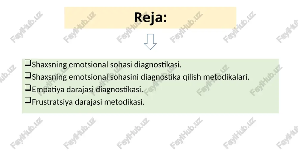 lar to'g'risida ilgari to'plangan ulkan xom ashyodan tasniflash asosidagi ehtiyojlarga o'tadi: altruistik emotsiyalar boshqa odamlarning yordamiga, homiyligiga bo'lgan ehtiyoj asosida paydo bo'ladi. kommunikativ emotsiyalar muloqotga bo'lgan ehtiyoj asosida yuzaga keladi. glorik emotsiyalar o'z-o'zini tasdiqlash, shon-sharafga bo'lgan ehtiyoj bilan bog'liq. praksik emotsiyalar faoliyat, uning muvaffaqiyati yoki muvaffaqiyatsizligi tufayli yuzaga keladi. pugnik emotsiyalar xavfni yengish zaruratidan kelib chiqadi, buning asosida keyinchalik kurashga qiziqish paydo bo'ladi. akizitiv emotsiyalar ular uchun amaliy ehtiyojdan tashqariga chiqadigan narsalarni to'plash, "yig'ish" ga qiziqish bilan bog'liq holda paydo bo'ladi. stressga chidamlilikni, hissiy taranglik darajasini va boshqalarni aniqlash metodikalari. stressga chidamlilik - bu xodimga kasbiy faoliyatning o'ziga xos xususiyatlaridan kelib chiqadigan muhim intellektual, irodali va hissiy yuklarni (ortiqcha yuklarni) faoliyat, uning atrofidagilar va ularning sog'lig'i uchun alohida zararli oqibatlarga olib kelmasdan bardosh berishga imkon beradigan shaxsiy fazilatlar to'plami. diagnostika quyidagilarni aniqlashga imkon beradi: ruhiy barqarorlik dezadaptatsiya xavfi stressga mumkin bo'lgan reaksiyalar stressli vaziyatlarda reaksiyalar ekstremal sharoitlarda reaksiyalar xolms va …