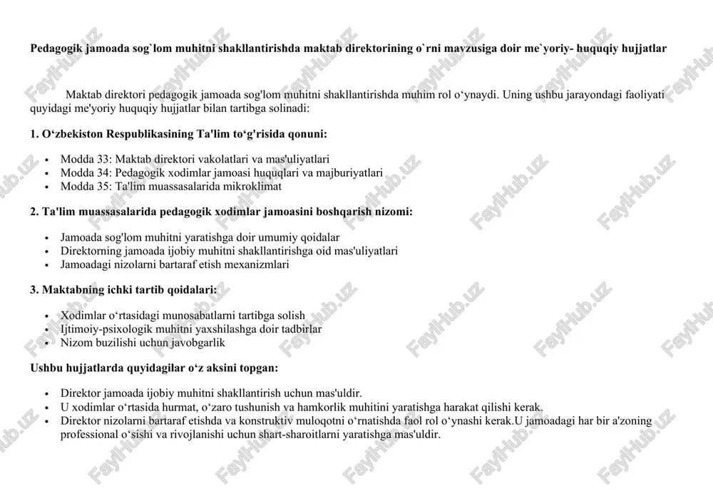 ikr va takliflarini e'tiborga olish · adolatli va ochiq boshqaruv tizimini yaratish sog'lom pedagogik jamoa muhiti o‘quvchlar uchun sifatli ta'lim berishning muhim shartidir. direktorning jamoada ijobiy muhitni shakllantirishga bo‘lgan sa'y-harakatlari ta'lim muassasasining umumiy muvaffaqiyatiga katta ta'sir ko‘rsatadi. pedagogik jamoalarda sog'lom muhit yo'qligi sabablari pedagogik jamoalarda sog'lom muhit yo'qligi bir qator sabablarga ko'ra yuzaga keladi. bu sabablar o'qituvchilar, direktorlar va umumiy ta'lim muhiti bilan bog'liq bo'lishi mumkin. quyida ba'zi muhim sabablar keltirilgan: o'qituvchilar bilan bog'liq sabablar: · o'qituvchilar o'rtasidagi raqobat: o'qituvchilar o'zlarining faoliyatini bir-birlari bilan solishtirishga moyil bo'lsa, bu raqobat muhitiga olib kelishi mumkin. bu esa o'qituvchilar o'rtasida hamkorlik va ishonchning pasayishiga sabab bo'lishi mumkin. · motivatsiya va ishdan qoniqishning pastligi: o'qituvchilar o'zlarining ish haqi, ish yuklari yoki kasbiy rivojlanish imkoniyatlari bilan qoniqmasalar, bu ishga bo'lgan qiziqishlarining pasayishiga va jamoa muhitiga salbiy ta'sir qilishi mumkin. · stress va emocional yuklanish: o'qituvchilar ko'p ish yuklari, intizom muammolari va boshqa stress omillari bilan …