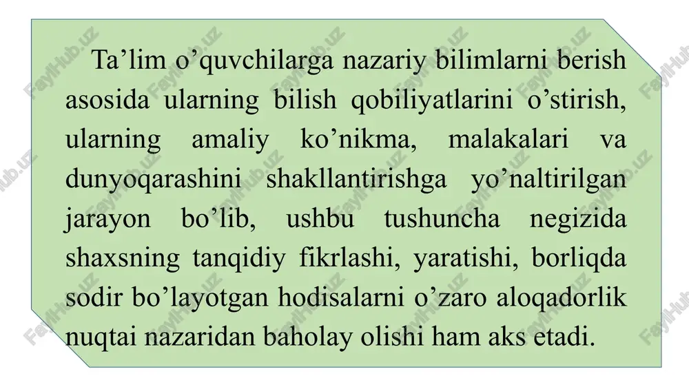 ma’naviy, madaniy va hayotiy talab-ehtiyojlarini qondirish, rivojlanayotgan shaxsga nisbatan samimiy munosabatida bo’lishi ta’lim mazmunini erkin tanlash imkonini beradi. mustaqillik yillarida o’zbekiston respublikasida ta’lim jamiyat va davlatning ma’naviy, ijtimoiy, iqtisodiy, madaniy rivojlanishi asosi deb e’lon qilindi. ta’limning maqsadi mustaqil fikrlaydigan, ma’naviy-axloqiy jihatdan yetuk, har tomonlama rivojlangan shaxsni tarbiyalashdan iborat. masalan, v.v.krayevskiy, i.ya.lernerlar ta’lim mazmuni deganda shaxsni har tomonlama rivojlantirishni ta’minlovchi pedagogik bilim, ko’nikma va malakalar to’plami, ijodiy faoliyat tajribasi hamda emosional-irodaviy munosabat tajribasini tushunadilar. ta’lim turlari va ko’rinishlari. yevropa va sharq, osiyo va amerika mamlakatlarida ta’lim turlari tarixiy taraqqiyot natijasida yuzaga kelgan. birinchi turi mifologik ta’lim bo’lib, unda dunyoning mohiyati ertak, afsona, doston, qissa hamda qo’shiqlar shaklida o’rganilgan. keyingi tarixiy turi sxolastik ta’lim bo’lgan. uning mohiyatiga ko’ra ta’limda matn madaniyati va yer, osmon haqidagi bilimlar so’z bilan ifodalanib, xotira va irodani mashq qildirish asosida yosh avlodga inson mavjudligi va u tomonidan tashkil etiladigan faoliyat mazmuni haqida bilimlar berilgan, savodxonlik va nutq …