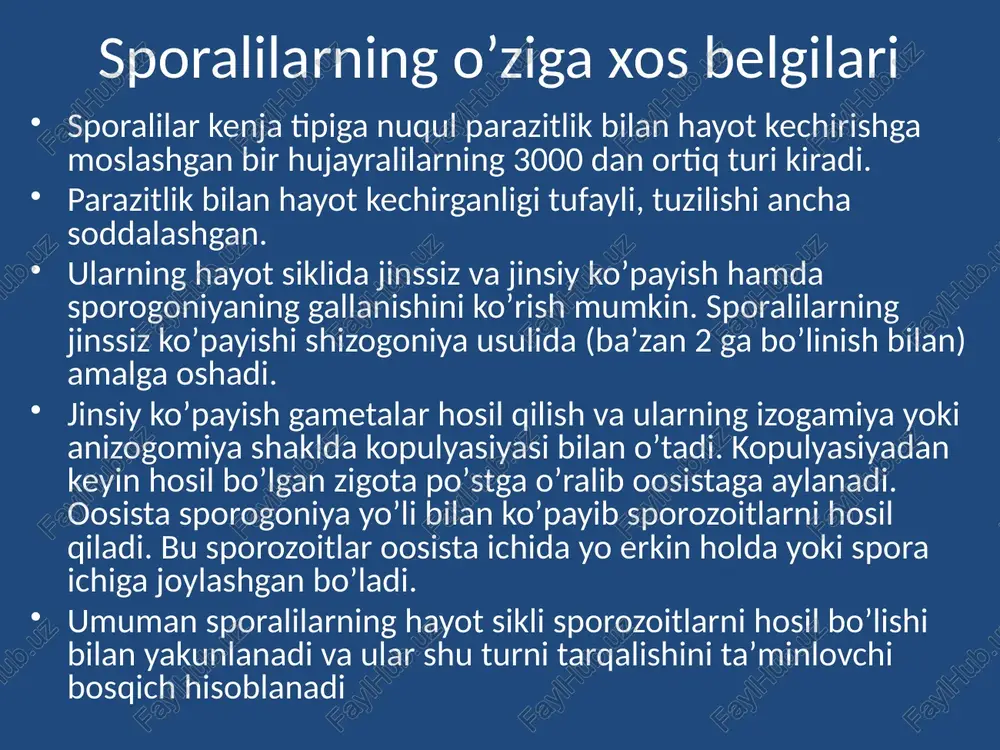 avlodi, iv – gametogoniya, v – sporogoniya; 1 – sporozoitlar, 2 – yosh shizont, 3 – ko’p yadroli o’suvchi shizont, 4 – merozoitlarni hosil qilgan shizont, 5 – merozoitlar, 6 – makrogametalarni rivojlanishi, 6a – mikrogametalarni rivojlanishi, 7 – mikrogameta, 8 – oosista, 9 – quyon ichagidan chiqqan oosista, 10 – to’rtta sporoblastli oosista, 11 – sporalarni rivojlanishi, 12 – to’rtta yetilgan sporali oosista (har bir spora ichida ikkitadan sporozoitning hosil bo’lishi) koktsidiyalarning turlari e. magna, e. intestinalis - kuyonlarda koktsidioz e. tenella, e. zurni, e. smithi – tovuklarda va koramollarda koktsidioz bezgak parazitining hayot sikli bezgak parazitining hayot sikli 1 – sporozoitlar, 2-4 – sporozoitlarni jigar hujayralarida ko’payishi, 2 – jigar hujayrasiga kirgan sporozoit, 3 – o’suvchi shizont, 4 – shizontdan merozoitlarni hosil bo’lishi, 5-10 – qizil qon hujayralarida parazitni jinssiz ko’payishi (shizogoniya), 5 – xalqa shaklidagi yosh shizont (trofozoit), 6 – soxta oyoqli shizont, 7-8 – shizontni o’sishi …