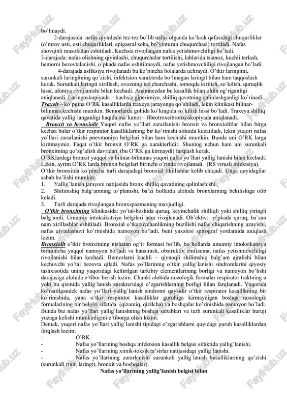 a yopilish hissi, burun orqali nafas olish qiyinlashishi, aksirish, burundan suyuqlik kelishi bilan kechadi. ob’ektiv tekshirganda suvsimon yoki shilliq, shilliq-yiringli, qon aralash ajralma ko’rinadi. burun shilliq qavati shishgan, giperimiyalangan, gohida po’stloq bilan qoplangan, gohida esa fibrinoz karashlar bo’lishi mumkin. faringit – tomoq shilliq qavatining yallig`lanishi bo’lib, tomoqda qirilish hissi, yutinganda kuchsiz og’riq, achishish belgilari bilan kechadi. yutinganda og’riq va halqum orqa devorining qizarishi esa kataral angina deb noto’g’ri tashxis qo’yishga olib kelishi mumkin. faringoskopiyada shilliq qavatining yallig`lanish belgilari har xil darajada rivojlanganligi bilan xarakterlanadi. yallig`lanish shilliq qavatda giperemiya bilan kechib, streptokokkli faringitda qizarish yaqqol ko’rinadi. yoriqning kataral difteriyasida esa ko’kimtir rangda bo’ladi. yallig`lanish belgilari: shilliq qavat shishi, uning qalinlashishi, burmalari tekislashishi, tipik, mayda qon quyulishlar bo’lishi mumkin. ajralma xarakteri tashxisiy ahamiyatga ega bo’lib, u shilliqli, shilliq yiringli, yiringli bo’ladi. yiring burun halqumdan kelishi mumkin. masalan: meningokokkli nazofaringitda-gohida ajralma bo’lmay o’ziga xos shilliq qavatda quruqlik bo’ladi. shilliq qavatdagi o’zgarishlarni to’g’ri baholash …