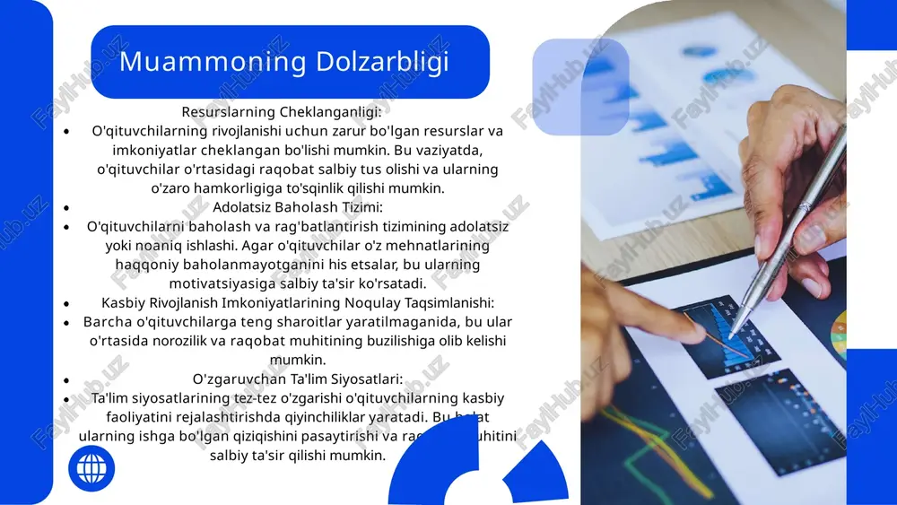 xodimlarini rag‘batlantirishning direktor jamg‘armasini tashkil etish va uning mablag‘laridan foydalanish tartibi to‘g‘risida”gi 30.09.2019-yildagi 823-sonli qarori. (31.12.2020 yil 831-sonli,02.08.2022yil 425-sonli qarorda o‘zgartirish va qo‘shimchalar kiritilgan) har biro‘qituvchiga individual maqsadlar qo‘yish: bu maqsadlar maktabning umumiy maqsadlarigamos kelishi kerak. yillik ish rejasinituzish:o‘qituvchilar yil davomida erishish kerakbo‘lgan maqsadlarini va ularning natijalarinibaholab borish imkonini beradi.” aniq maqsad va vazifalar belgilash mukofotlar tizimi: har oy yoki har chorakda engyaxshi natijalarni ko‘rsatgan o‘qituvchilarnimukofotlash. bu mukofotlar nafaqat moddiy bo‘lishi, balki ma’naviy rag‘batlantirish ham bo‘lishi mumkin(sertifikatlar, medal yoki diplomlar). oylik va yillik mukofotlar: oylik mukofotlar kichikyutuqlar uchun, yillik mukofotlar esa katta yutuqlaruchun berilishi mumkin. rag‘batlantirish tizimi vazifa o'qituvchilarning raqobatini qo'llab- quvvatlaydigan maktab siyosatini ishlab chiqish va amalga oshirish. pedagogik xodimlar o'rtasida bilim va tajriba almashinuvini tashkil etish. o'qituvchilarni rag'batlantirish va ularning yutuqlarini tan olish tizimini joriy etish. raqobat muhitini doimiy baholash va uni yanada takomillashtirish. 01 02 03 aqsh tajribasi professional learning communities (plc): bu dastur o'qituvchilarning o'zaro hamkorligini …