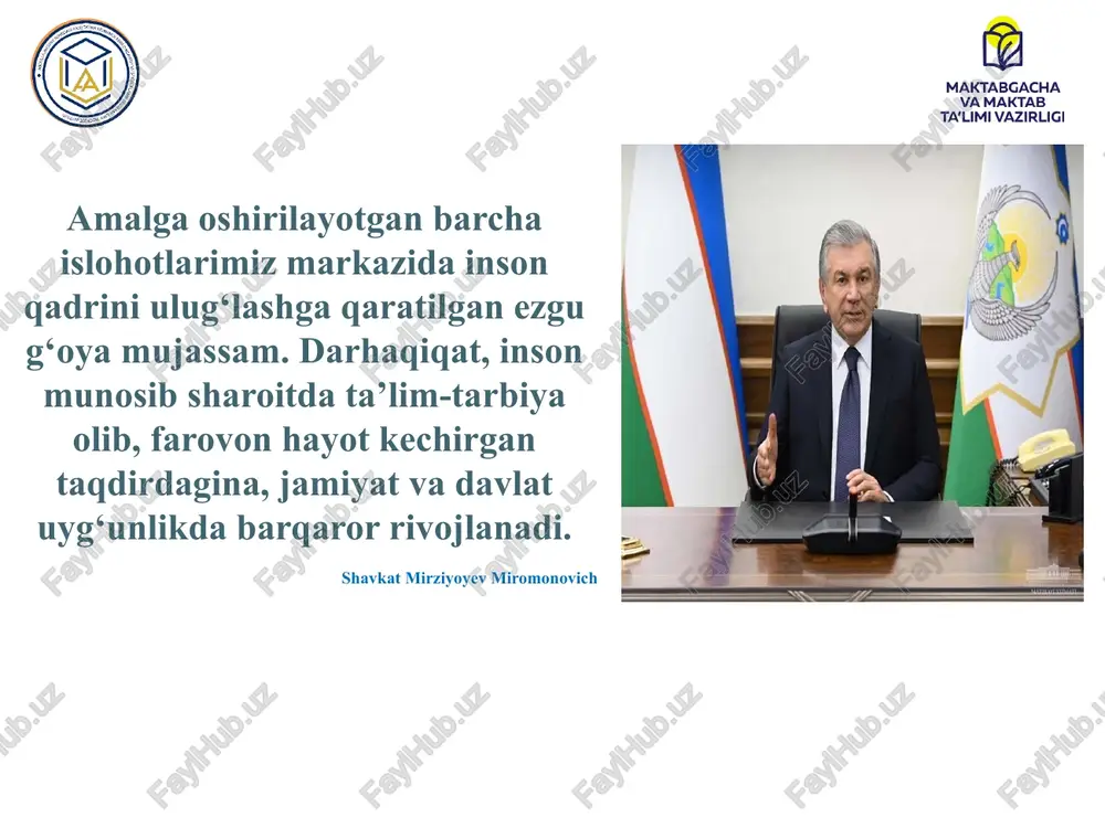 oshirish usullarini aniqlash va ushbu usullarni amaliyotga tadbiq qilish boʻyicha tavsiyalar ishlab chiqishdir. amaliy tadqiqot oʻtkazish va natijalarini tahlil qilish mavzuning maqsadi samaradorlikni oshirish usullarini nazariy va amaliy oʻrganish samaradorlikka ta’sir etuvchi omillarni tahlil qilish ish samaradorligi tushunchasini aniqlash mavzuning vazifasi malaka oshirish va o‘qitish: o‘quv kurslari va seminarlar; mentorlik va murabbiylik. mukofot tizimi: yaxshi ishlagan xodimlarni; moddiy yoki ma'naviy rag'batlantirish. 1 2 3 yutuqlarni tan olish: xodimlarning muvaffaqiyatlarini; omma oldida e'tirof etish 4 kommunikatsiyani yaxshilash: ochiq muloqot; feedback tizimi. muammo yuzasidan xorijiy tajribalarning oʻrganilganligi *treninglar va professional rivojlanish kurslari tashkil etiladi. *yaxshi ishlagan o‘qituvchilar va xodimlarni moddiy va ma’naviy rag‘batlantirishadi. *mukofotlar joriy etilgan oylik mukofotlar, -yil oxiridagi bonuslar, - maqtov va tan olish kabi usullardan foydalanishad *o‘qituvchilar va maktab xodimlari uchun muntazam ravishda o‘quv kurslar majburiy *.milliy o‘qituvchilar ko‘nikmalarini rivojlantirish markazi o‘qituvchilarni tayyorlash, rivojlantirish va ularning professional o‘sishini ta’minlash uchun ko‘plab resurslar va dasturlarni taklif etadi.o‘qituvchilarni kerakli o‘quv materiallari, …