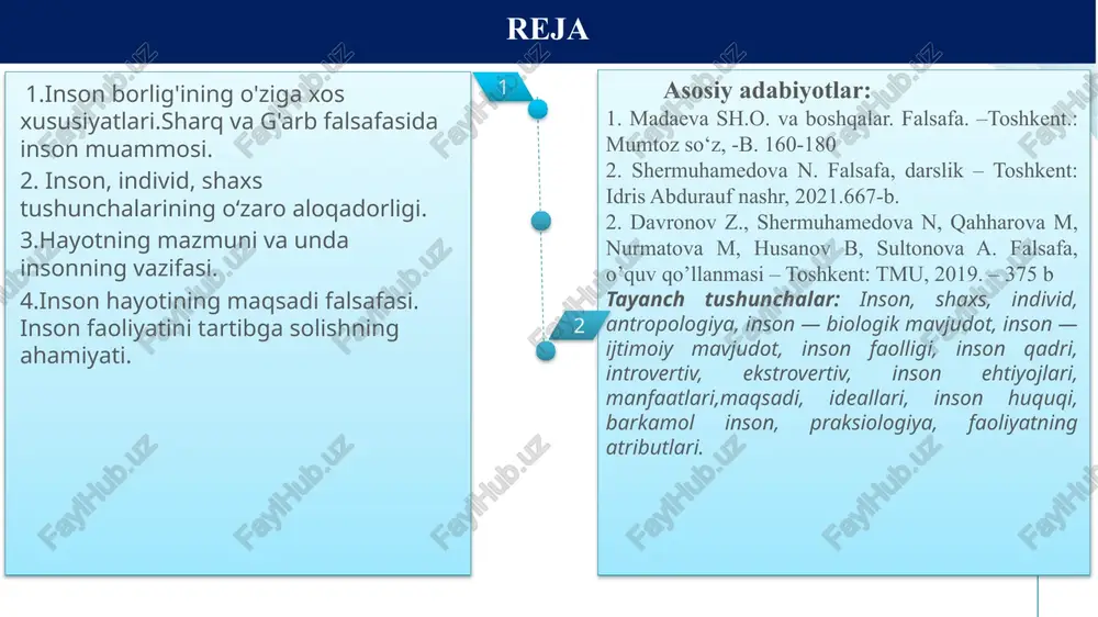 son falsafiy muammo sifatida. inson har safar mutafakkirlar diqqat markazidan o‘rin olar ekan, uning mohiyatini yangi tarixiy sharoitda va yangicha nuqtai nazardan anglab etishga harakat qilib, uni qayta va qayta yangidan kashf etganlar. beruniy jahon fanida birinchi marta inson va tabiat, odam va olam o‘rtasidagi munosabatlarni dunyoviy fan nuqtai nazaridan o‘rganadi xudo yaratgan banda sifatida ham, boshqa odamlar faoliyatining mahsuli sifatida ham talqin qilinadi. ibn sino, «inson boshqa barcha hayvonot olamidan so‘zi, tili va aqli, tafakkur qilishi bilan farq qiladi. inson aqli turli fanlarni o‘rganish yordamida boyiydi», deb hisoblaydi. i «inson nima», degan savol «inson–mashina» deb nomlangan asar muallifi fransuz j.lametri (1709–1751) ilgari surgan g‘oyalar bilan to‘qnashadi. fransuz faylasufi r.dekart (1596–1650) asarlarida inson mohiyati masalasiga nisbatan butunlay o‘zgacha yondashuvga duch kelamiz. u«inson fikrlovchi narsadir», «inson, u uzoq vaqt o‘ylaganidek, dunyoning statik markazi emas, balki evolyusiyaning cho‘qqisi bo‘lib, bu ancha go‘zalroqdir», fransuz faylasufi va teologi p.t. de sharden (1881–1955). inson kelajakka …