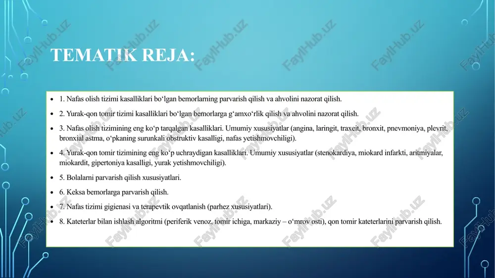 rvarish talab qiladi. umumiy chora-tadbirlarga qo'shimcha ravishda: harorat va qon bosimini o'lchash, gigiena, o'z-o'zini parvarish qilishda yordam berish, ularga tinch chuqur nafas olish uchun sharoitlarni ta'minlashi kerak. nafas olish tizimi kasalliklari bilan og'rigan bemorlarning holatini kuzatish. oddiy nafas olish tezligi (rr) daqiqada 16-20 tani tashkil qiladi. jismoniy faollik yoki hayajon paytida ko'payadi va dam olish yoki uxlash vaqtida kamayadi. anormal ritm jiddiy kasallikning belgisidir. nafas olish tizimi kasalliklari bo'lgan bemorlarga g'amxo'rlik qilish nafas olish tezligini muntazam ravishda kuzatib borishni o'z ichiga oladi. nafas olish tizimi kasalliklari bilan og'rigan bemorlarning holatini kuzatish o'pka shikastlanishi, isitma va kamqonlik natijasida tez nafas olish kuzatiladi. isterik xuruj paytida nafas olish tezligi daqiqada 80 martadan oshishi mumkin. nafas olishning buzilishi miya gipoksiyasining belgisi bo'lib, qon ketishi, yurak yetishmovchiligi yoki diabetik koma sababli ham bo'lishi mumkin. nafas olish tizimi kasalliklari bilan og'rigan bemorlarning holatini kuzatish nafas olishni normallashtirish uchun quyidagilar talab qilinadi: bemorni tinchlantirish unga yarim …