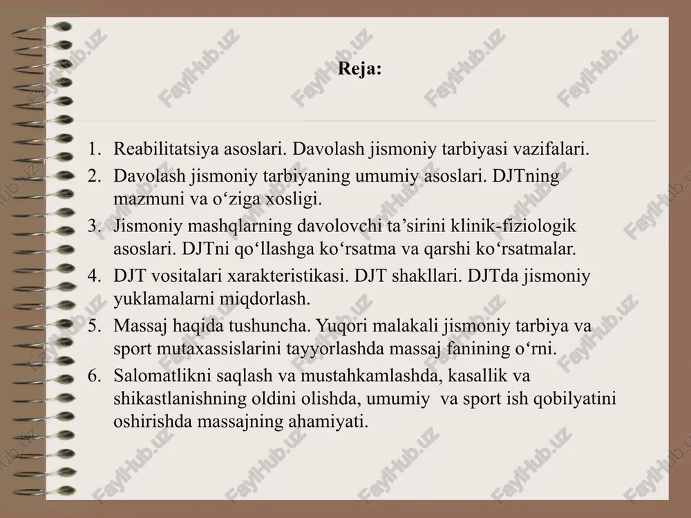 reabilitatsiyaning tibbiy (tibbiy) yo'nalishi - bu tananing buzilgan fiziologik funktsiyalarini tiklashga qaratilgan turli xil vositalarni qo'llash orqali bemorning sog'lig'ini tiklash va agar bunga erishish mumkin bo'lmasa, kompensatsion va almashtirish funktsiyalarini ishlab chiqish. tibbiy reabilitatsiya statsionar va (yoki) ambulatoriya sharoitida qo'llaniladigan konservativ va jarrohlik davolash, dori terapiyasi, klinik ovqatlanish, iqlim va balneoterapiya, davolash mashqlari, fizioterapiya va boshqa usullarni o'z ichiga oladi. djt fani miqdorlangan jismoniy mashqlarni bemor organizmidagi nuqsonlarni korreksiyalashda, kasallik va shikastlanishlarni davolashda, bemorning ish layoqatini qayta tiklashda qo‘llanilishini o‘rgatadigan fan. fanning maqsadi: sport shifokorlari, djt yo‘riqchilari, jismoniy tarbiya va sport sohasidagi barcha mutaxassislarni umumbiologik va umumpedagogik bilimlarini chuqurlashtirish, kengaytirish, jismoniy mashqlarning davolovchi ta'sir mexanizmini o‘zlashtirish, patologik o‘zgarishlar, kasalliklar va jarohatlarlardagi davolash jismoniy tarbiyani qo‘llashni shakllantirish va tibbiy madaniyatini oshirish. davolash jismoniy tarbiyasi (djt) – bu tibbiyotning bir sohasi bo‘lib, jismoniy tarbiya vositalarini kasalliklarni davolash, ularni oldini olish va bemorlarni reabilitasiyasi maqsadida qo‘llashdir. djtning o‘ziga xos xususiyatlari yoki davolash usullari …