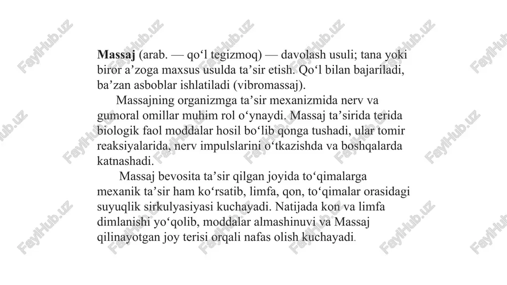 assaj apparatlari yordamida turli jadallik va tebranish bilan bajariladi. massajning sport massaji, shifobaxsh, gigiyenik va kosmetik massaj kabi turlari bor. sport massajida sportchining hamma muskul guruxlariga ketma-ket taʼsir etiladi hifobaxsh massaj vrach koʻrsatmasi boʻyicha tayanchharakat apparati, boʻgʻim va moddalar almashinuvining buzilish kasalliklari, radikulit, kontraktura va boshqalarda kompleks davolash bilan birga qilinadi. massajning boshqa turlari charchoqni bosish va kuch-quvvatni tiklash, odatda, jismoniy mashqlar, suv muolajalari, ertalabki gimnastika bilan birga olib boriladi. bunday massaj xush bichim va bardam boʻlishga imkon beradi. oʻz-oʻzini massaj qilish gigiyenik massajning bir shakli. massajni maxsus oʻrgatilgan massajchilar yoki bemorning yaqin kishilari (tibbiyot xodimidan oʻrganib olib) qilishlari mumkin. kosmetik massaj kosmetolog-vrach tavsiyasiga koʻra, sochlarni mustahkamlash, yuzdagi nuqsonlarni yoʻqotish maqsadida koʻllanadi. massaj va uning turlari, fiziologik ta`siri. massaj deb maxsus usular bilan organizm to`qilmalariga mexanik ravishida ta`sir qilishga aytiladi. bir necha xil massaj farq qilinadi: shifobaxsh massaj; gigienik massaj va uning organizmni sog’lomlashtirish va kasalliklarni oldini olish uchun hamda …