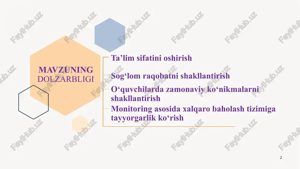 dagi monitoring jarayonlari ta’lim vazirligi tomonidan nazorat qilinadi va maktab darajasida amalga oshiriladi. maktab rahbariyati faoliyatining yaxshilanishi kerak bo‘lgan yo‘nalishlarni belgilaydi, aniq maqsadlar va monitoring strategiyalari bilan maktabni takomillashtirish rejasini ishlab chiqadi. 7 muammo yuzasidan xorijiy tajribalarni o‘rganilganligi singapur estoniya 8 finlandiya finlandiyaning o‘rta maktablarda monitoring o‘tkazishda o‘z-o‘zini baholash va hamkorlikka qaratilgan. milliy ta’lim kengashi milliy o‘quv dasturlari bo‘yicha ko‘rsatmalar beradi, ammo tekshiruvlar o‘tkazmaydi. buning o‘rniga ular maktablarga o‘zlarining monitoring jarayonlarini ishlab chiqish uchun resurslar va yordam taklif qilishadi. 8 muammo yuzasidan xorijiy tajribalarni o‘rganilganligi singapur finlandiya 9 estoniya o‘quvchilar muntazam ravishda milliy baholashlardan o‘tadilar, bu esa o‘quv jarayonidagi yutuqlarni va kamchiliklarni aniqlashga yordam beradi. shuningdek, ta’lim vazirligi va mahalliy ta’lim boshqarmalari o‘quvchilarning rivojlanishini monitoring qilish orqali ularning yutuqlarini muntazam ravishda kuzatib boradilar va ularga asoslangan strategik qarorlar qabul qiladilar. 9 amaldagi holat (xorijda) finlandiyaning o‘rta maktablarda monitoring o‘tkazishda o‘z-o‘zini baholash va hamkorlikka qaratilgan. milliy ta’lim kengashi o‘quv dasturlari bo‘yicha …