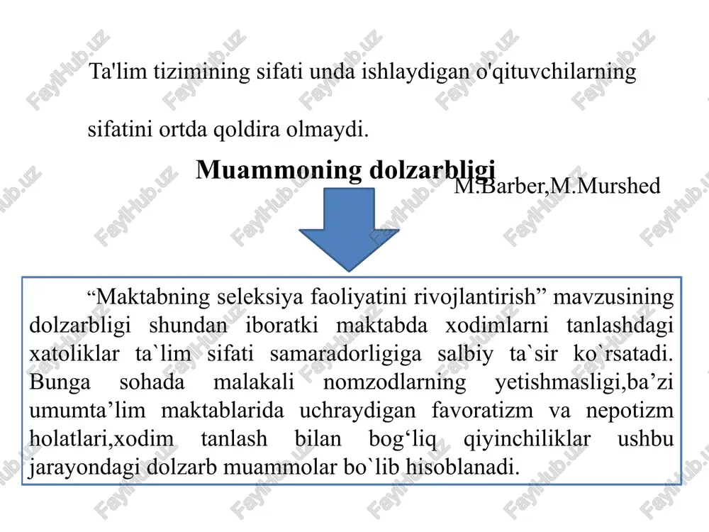 da” o‘zbekiston respublikasi prezidentining pf-5712-son farmoni 2020-yil 6-noyabr dagi “ta’lim- tarbiya tizimini yanada takomillashtirishga oid qo‘shimcha chora- tadbirlar to‘g‘risida”gi o‘zbekiston respublikasi prezidentining pq-4884-son qarori 2021-yil 25-yanvardagi “xalq ta’limi sohasidagi ilmiy-tadqiqot faoliyatini qo‘llab-quvatlash hamda uzluksiz kasbiy rivojlantirish tizimini joriy qilish chora-tadbirlari to‘g‘risida”gi o‘zbekiston respublikasi prezidentining pq-4963-son qarori mavzuni o‘rganishdan maqsad: 1 maktabning seleksiya faoliyatini rivojlantiruvchi usullarni topish: (o‘qituvchini saralash uchun ma‘lumotlar bazalari, ijtimoiy tarmoqlar va istiqbolli nomzodlarga to‘g‘ridan-to‘g‘ri murojaatlardan foydalanish maqsadga erishish uchun maqbul yo‘l hisoblanishi) 2 hamkorlik:(ta’lim muassasalari - professional jamoalar va mahalliy hamjamiyat bilan hamkorlikni rivojlantirishi zarur. oliy ta’lim muassasalari bilan hamkorlik ijobiy natijalarni ko‘rsatishi) 3 raqobatbardosh kadrlarni shakllantirish:(o‘qituvchi bo‘lishning afzalliklari va martaba imkoniyatlarini namoyish etadigan faol reklama bilan shug‘ullanish kerak. mehnat bozorini bugungi kun talabiga muvofiqlashtirish) vazifa…. maktabning seleksiya faoliyatini rivojlantirishda zamonaviy ichki va xorijiy tajribalarni o'rganish.; nomzodlarni seleksiya qilish jarayonida foydalaniladigan optimal usullarni aniqlash; bugungi kunning zamonaviy o‘qituvchisida bo‘lishi lozim bo‘lgan xususiyatlarni aniqlash; o‘rganilgan ma’lumotlar asosida taklif …