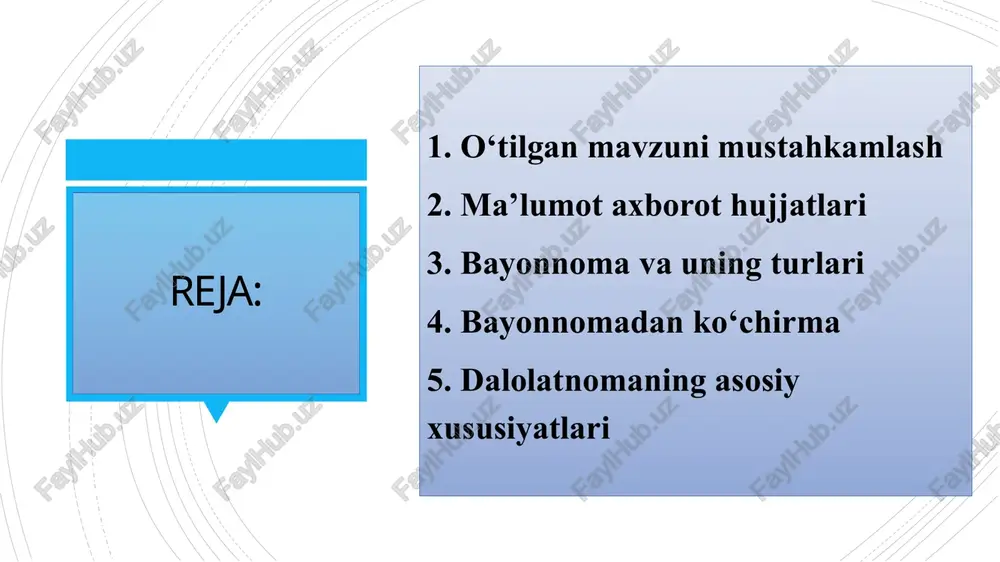 o‘p ishlatiladi. bu guruh ariza, bildirishnoma, vasiyatnoma, ishonchnoma,bayyonnoma,dalolatnoma, tarjimayi hol, tavsifnoma, tavsiyanoma, ma’lumotnoma, tilxat, tushuntirish xati, e’lon, hisobot, taklifnoma kabi hujjatlarni o‘z ichiga oladi. ma’lumot-axborot hujjatlari turli yig‘ilish, kengash va boshqa tur anjumanlarning borishini, majlis qatnashchilarining chiqishlari va ular qabul qilgan qarorlarni aniq, siqiq holda qayd qiluvchi rasmiy hujjat bayonnoma deyiladi. bayonnomani yozishni tashkil qilish kotibning asosiy vazifalaridan biridir. bayonnoma oldindan tayinlangan kotiblar tomonidan tuziladi va rasmiylashtiriladi. yig‘ilishda ko‘rib chiqilgan masalalar yuzasidan bildirilgan barcha fikr mulohazalar, tanqid va taklifiar bayonnomada yoritilishi lozim. bu axborotlarning aniqligi, to‘liqligi uchun mas’ul hisoblangan majlis raisi va kotibi bayonnoma oxiriga imzo qo‘yadilar. bayonnoma bayonnomaning turlari bayonnomalar qisqa, to‘liq, stenografik, fonografik shakllarda bo‘lishi mumkin. qisqa bayonnomada yig‘ilishning kun tartibi, ma’ruzachi va muzokaralarda qatnashuvchilarning ismi, familiyasi hamda qabul qilingan qarorlar ko‘rsatiladi. to‘liq bayonnomada esa majlisda so‘zga chiqqanlarning barcha fikr-mulohazalari to‘liq berilishi lozim. shuningdek, shu jamoaning faoliyati haqida ham ma’lumot berilishi mumkin. stenografik bayonnomaga stenografiya usulida yozib olingan …